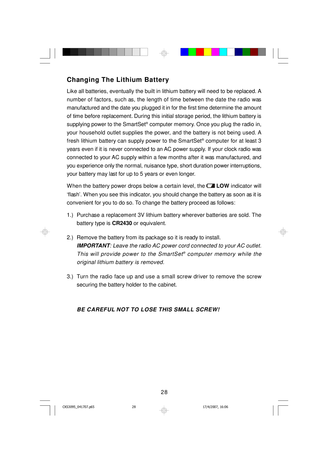 Emerson CKS3095B, CKS3095S owner manual Changing The Lithium Battery, Be Careful not to Lose this Small Screw 