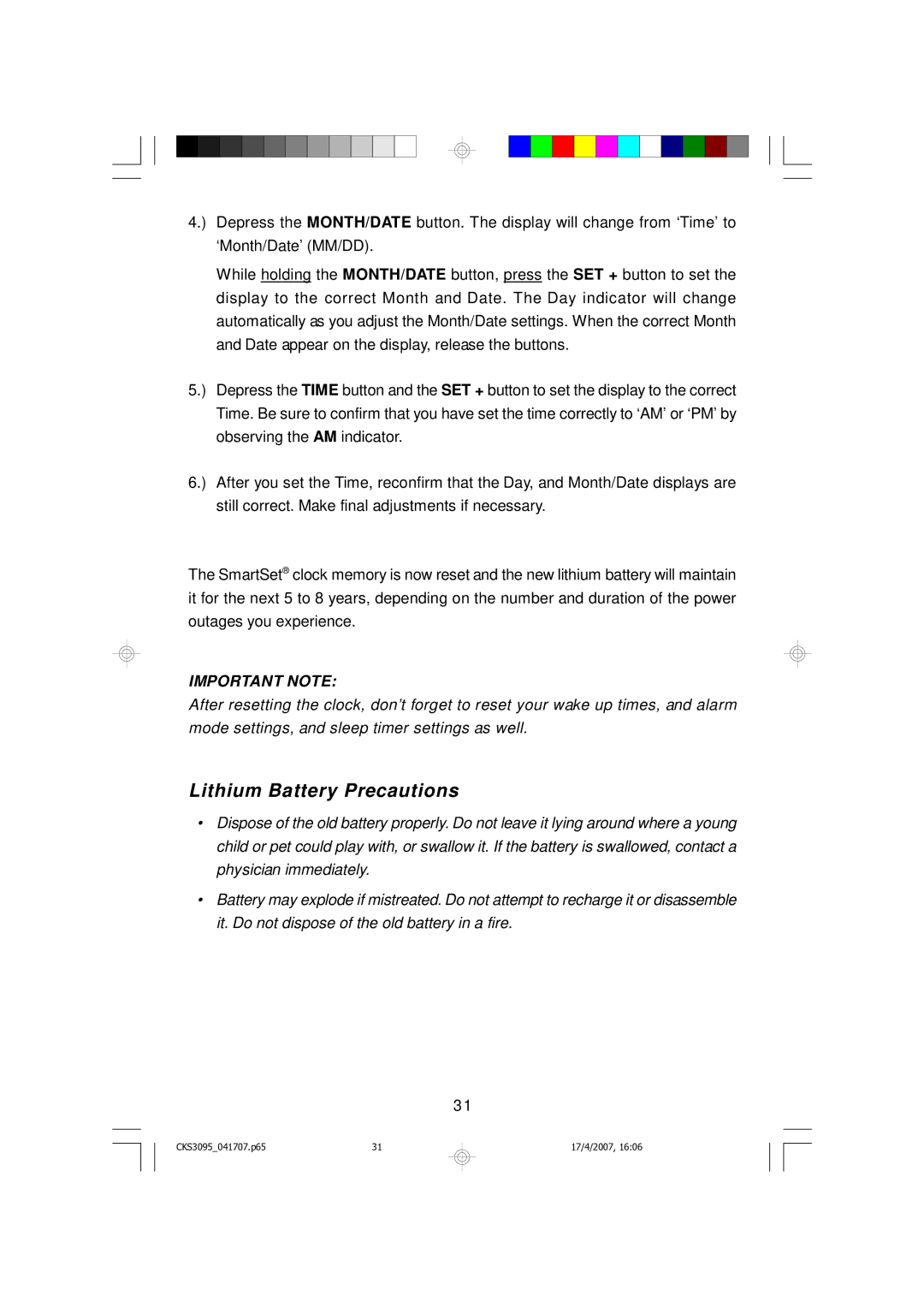 Emerson CKS3095S, CKS3095B owner manual Lithium Battery Precautions 