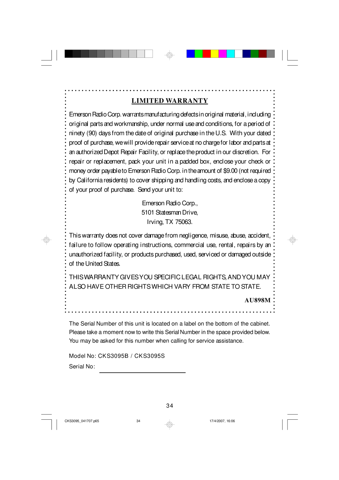 Emerson CKS3095B, CKS3095S owner manual Limited Warranty 