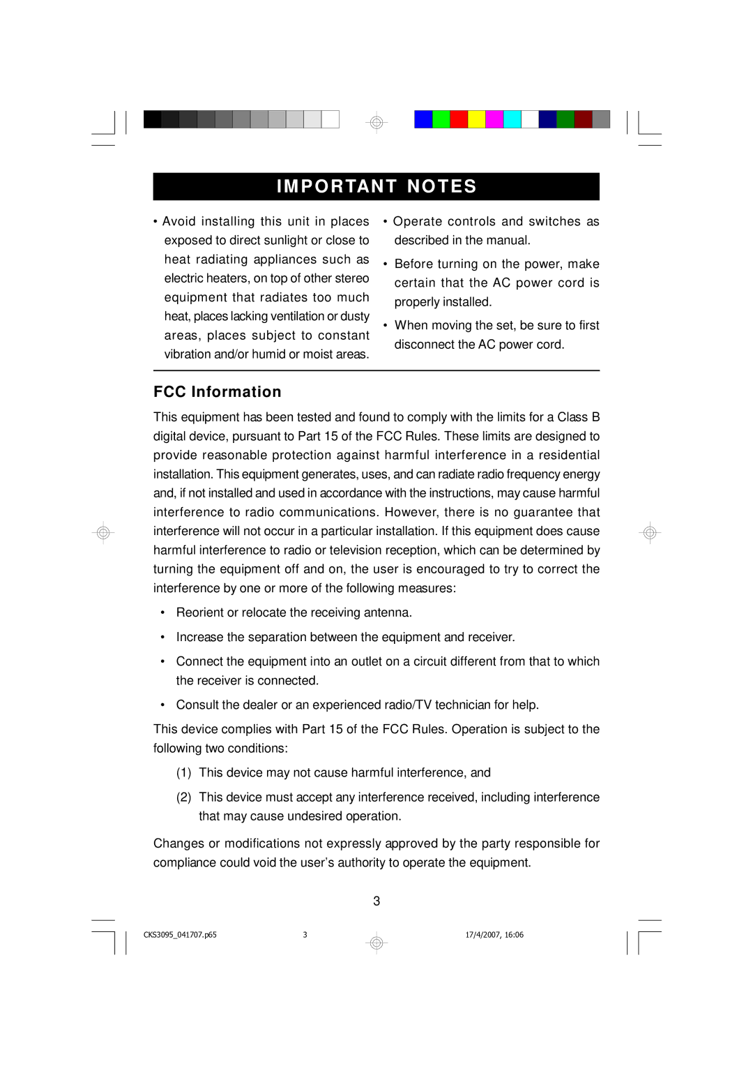 Emerson CKS3095S, CKS3095B owner manual IM Portant Notes, FCC Information 