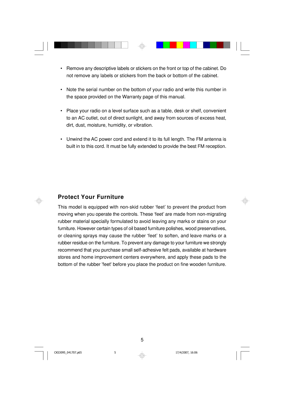 Emerson CKS3095S, CKS3095B owner manual Protect Your Furniture 