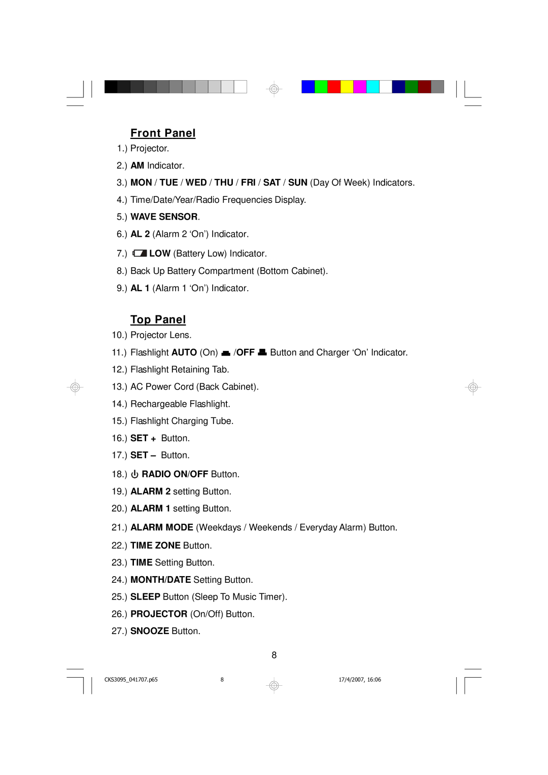 Emerson CKS3095B, CKS3095S owner manual Front Panel, Top Panel 