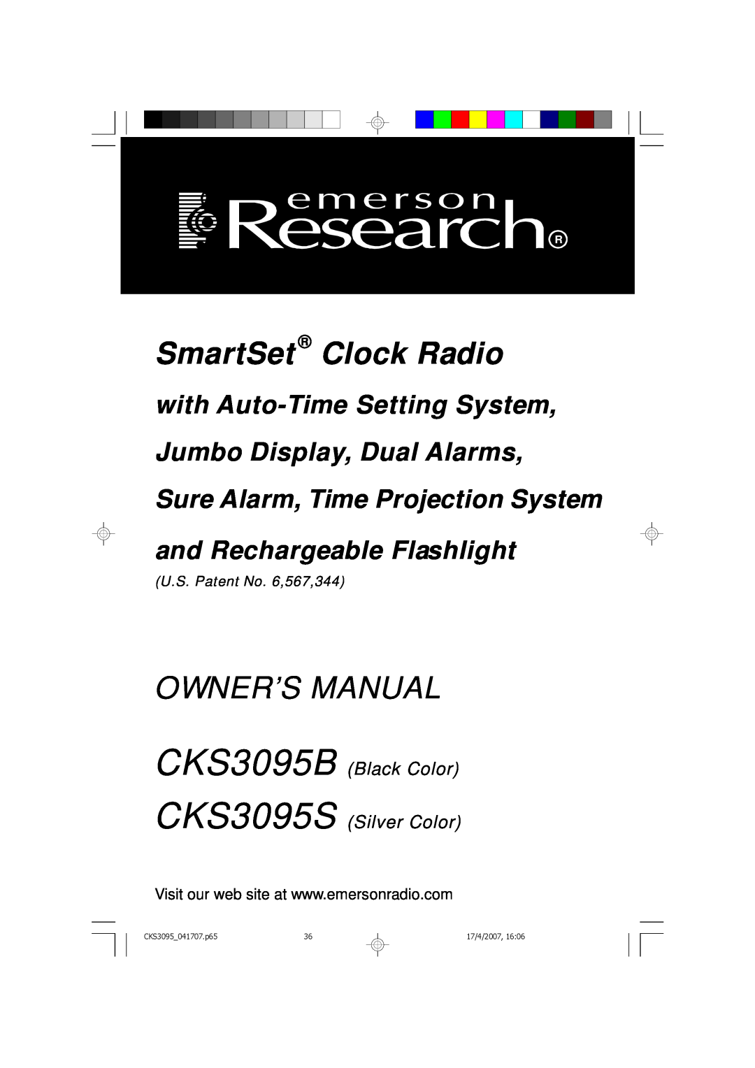 Emerson owner manual CKS3095B CKS3095S, SmartSet Clock Radio, Owner’S Manual, Black Color Silver Color, 17/4/2007 