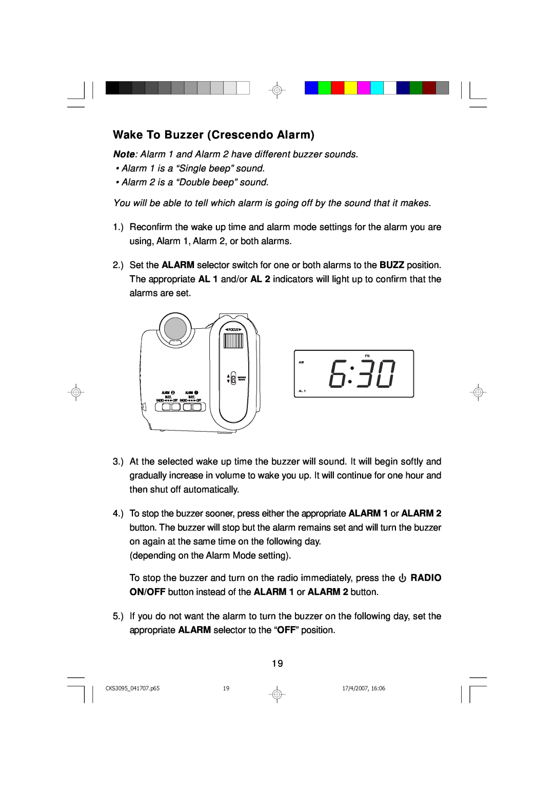 Emerson CKS3095S, CKS3095B Wake To Buzzer Crescendo Alarm, Note Alarm 1 and Alarm 2 have different buzzer sounds 