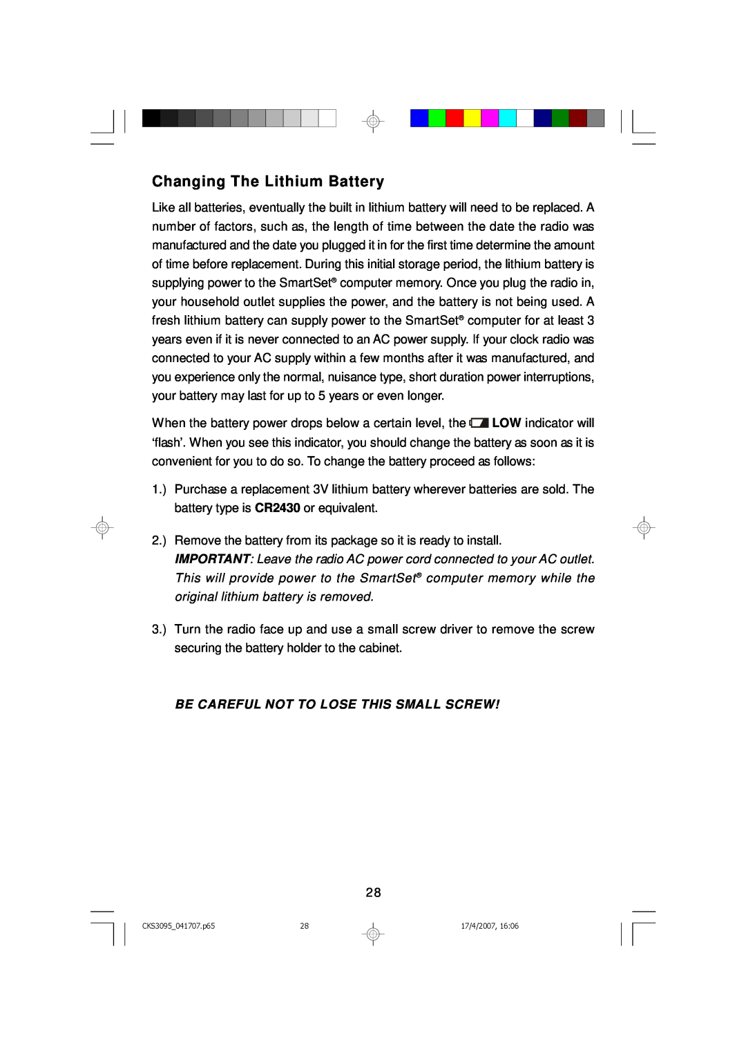 Emerson CKS3095B, CKS3095S owner manual Changing The Lithium Battery, Be Careful Not To Lose This Small Screw 
