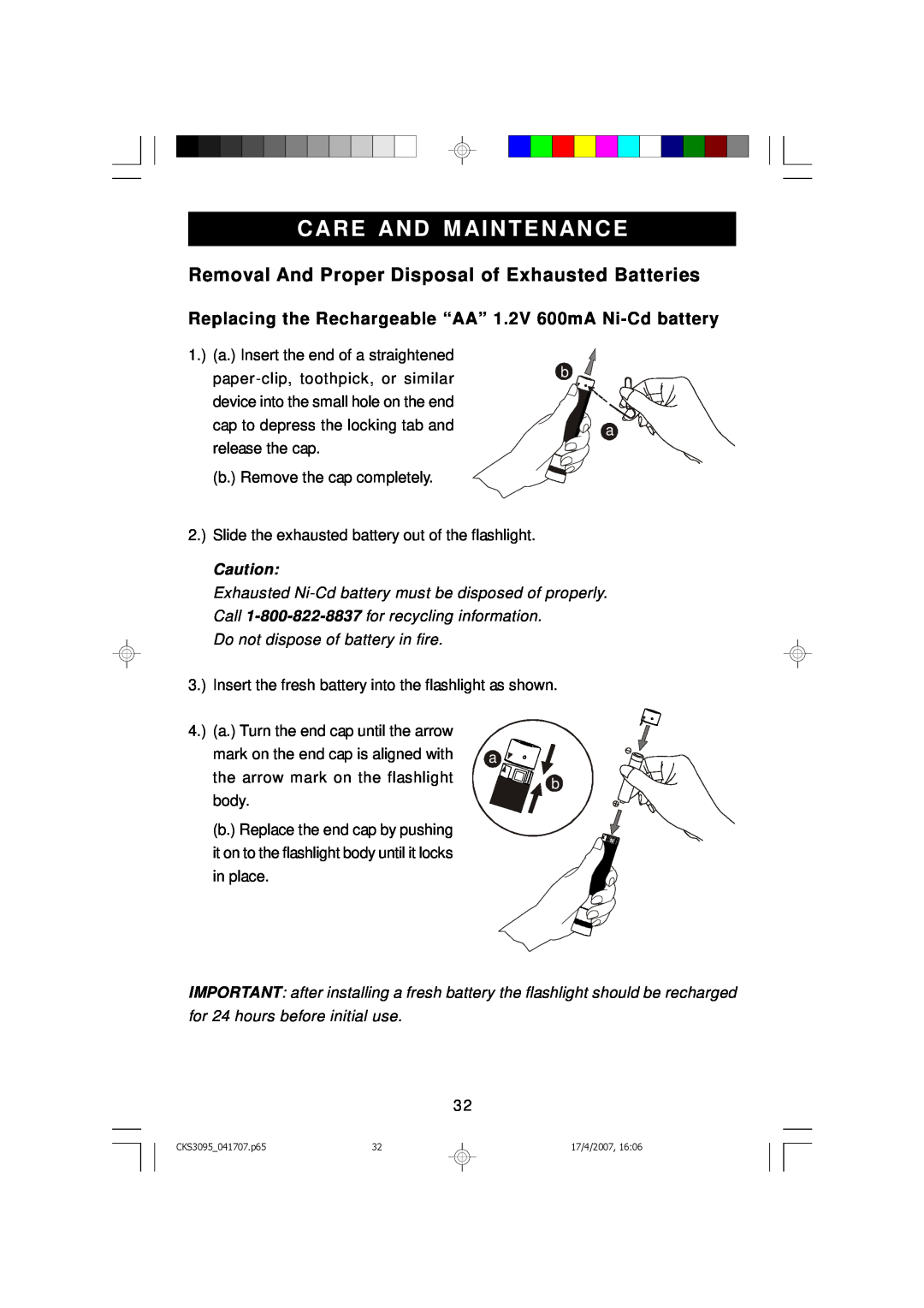 Emerson CKS3095B, CKS3095S owner manual Care And M Aintenance, Removal And Proper Disposal of Exhausted Batteries 