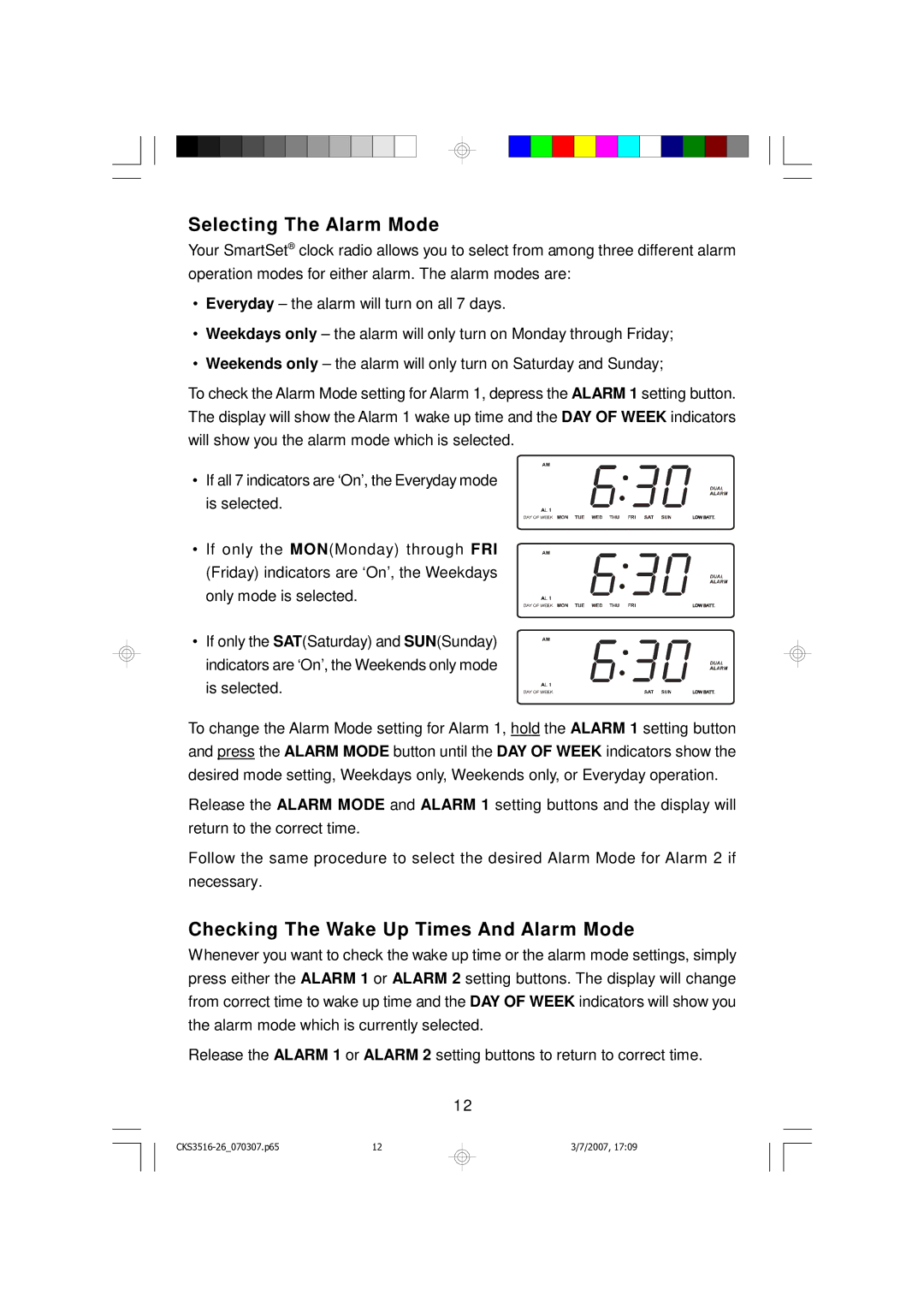 Emerson CKS3516 owner manual Selecting The Alarm Mode, Checking The Wake Up Times And Alarm Mode 