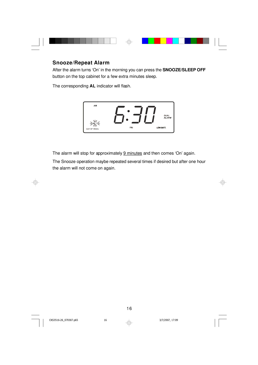 Emerson CKS3516 owner manual Snooze/Repeat Alarm 