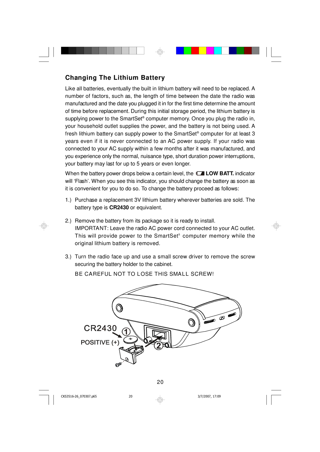 Emerson CKS3516 owner manual Changing The Lithium Battery, Be Careful not to Lose this Small Screw 