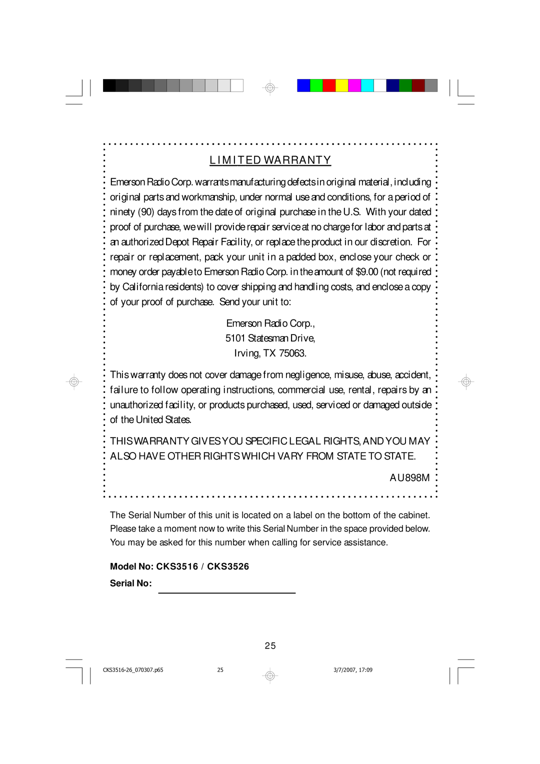 Emerson CKS3516 owner manual Limited Warranty 