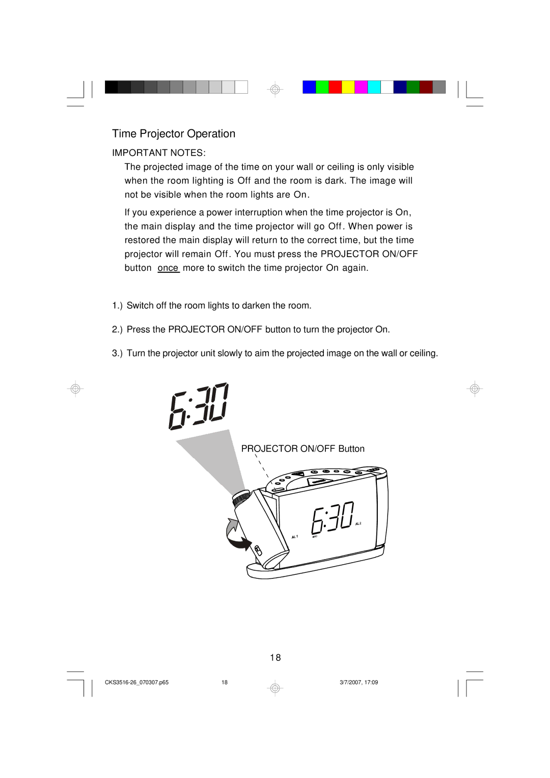 Emerson CKS3526, CKS3525 owner manual Time Projector Operation, Important Notes 