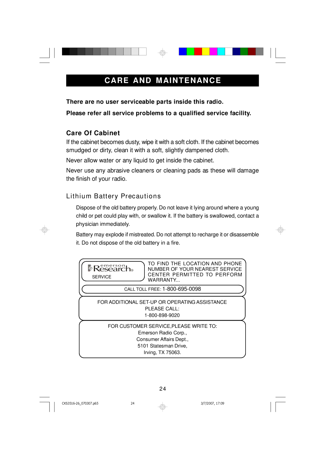 Emerson CKS3526, CKS3525 owner manual Care and M Aintenance, Care Of Cabinet 