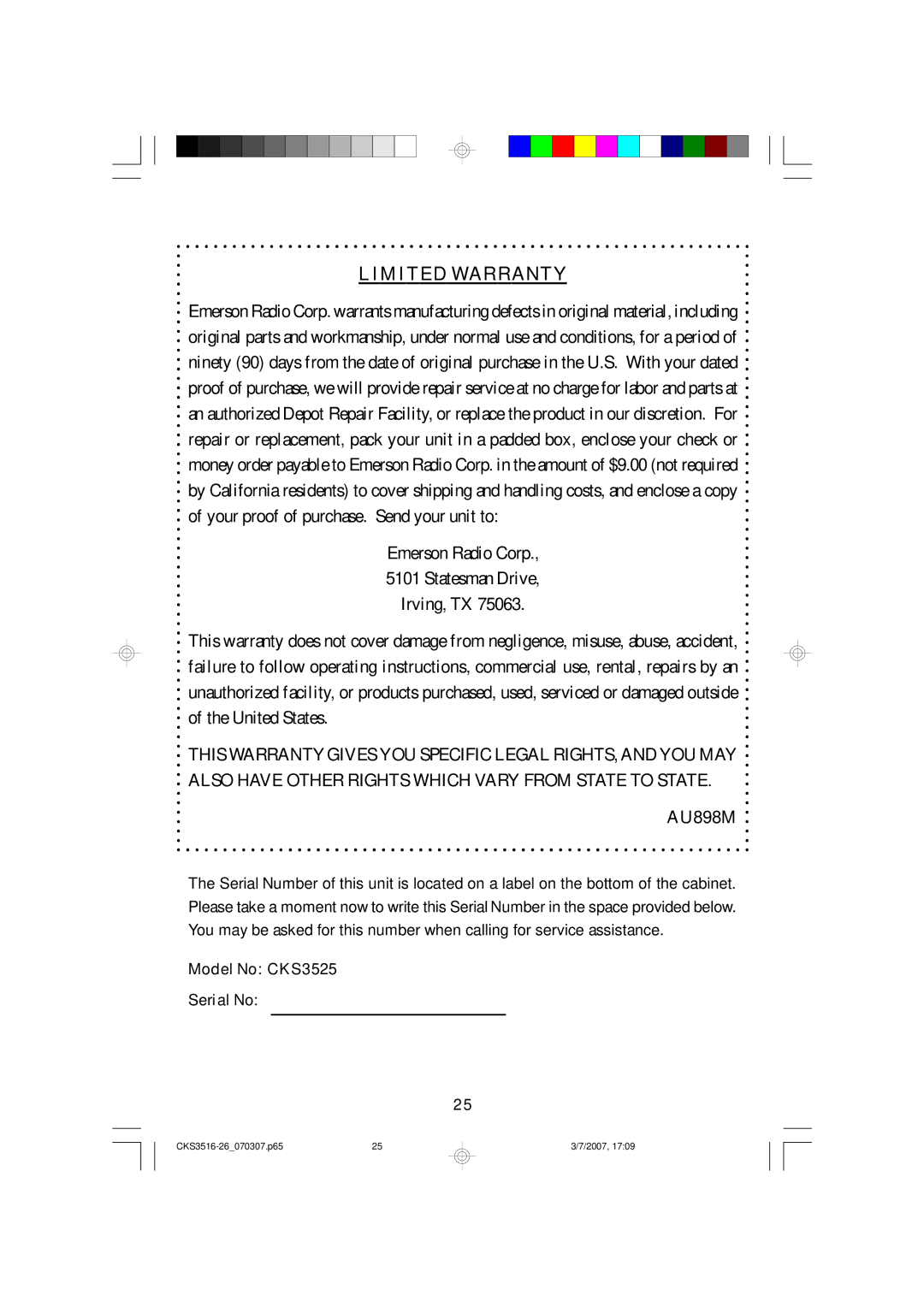 Emerson CKS3525, CKS3526 owner manual Limited Warranty 