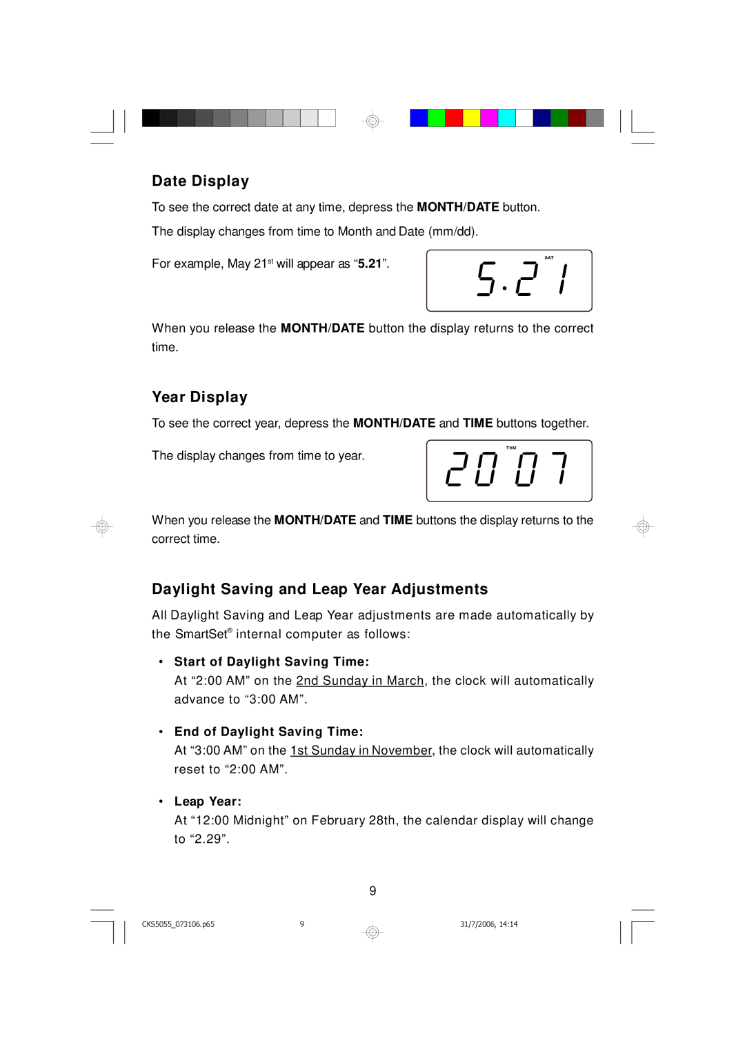 Emerson CKS5055S, CKS5055B owner manual Date Display, Year Display, Daylight Saving and Leap Year Adjustments 