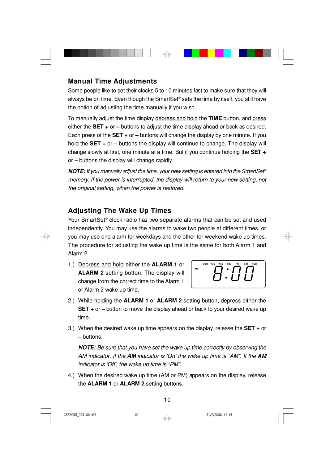 Emerson CKS5055B, CKS5055S owner manual Manual Time Adjustments, Adjusting The Wake Up Times 