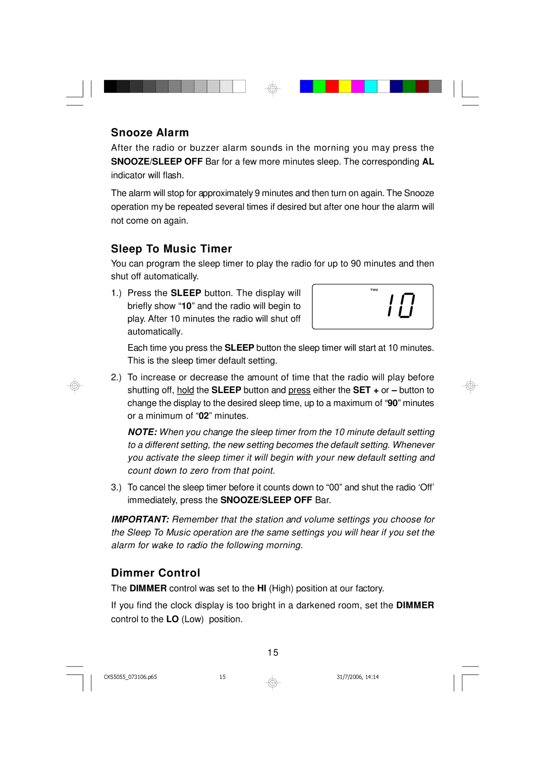 Emerson CKS5055S, CKS5055B owner manual Snooze Alarm, Sleep To Music Timer, Dimmer Control 