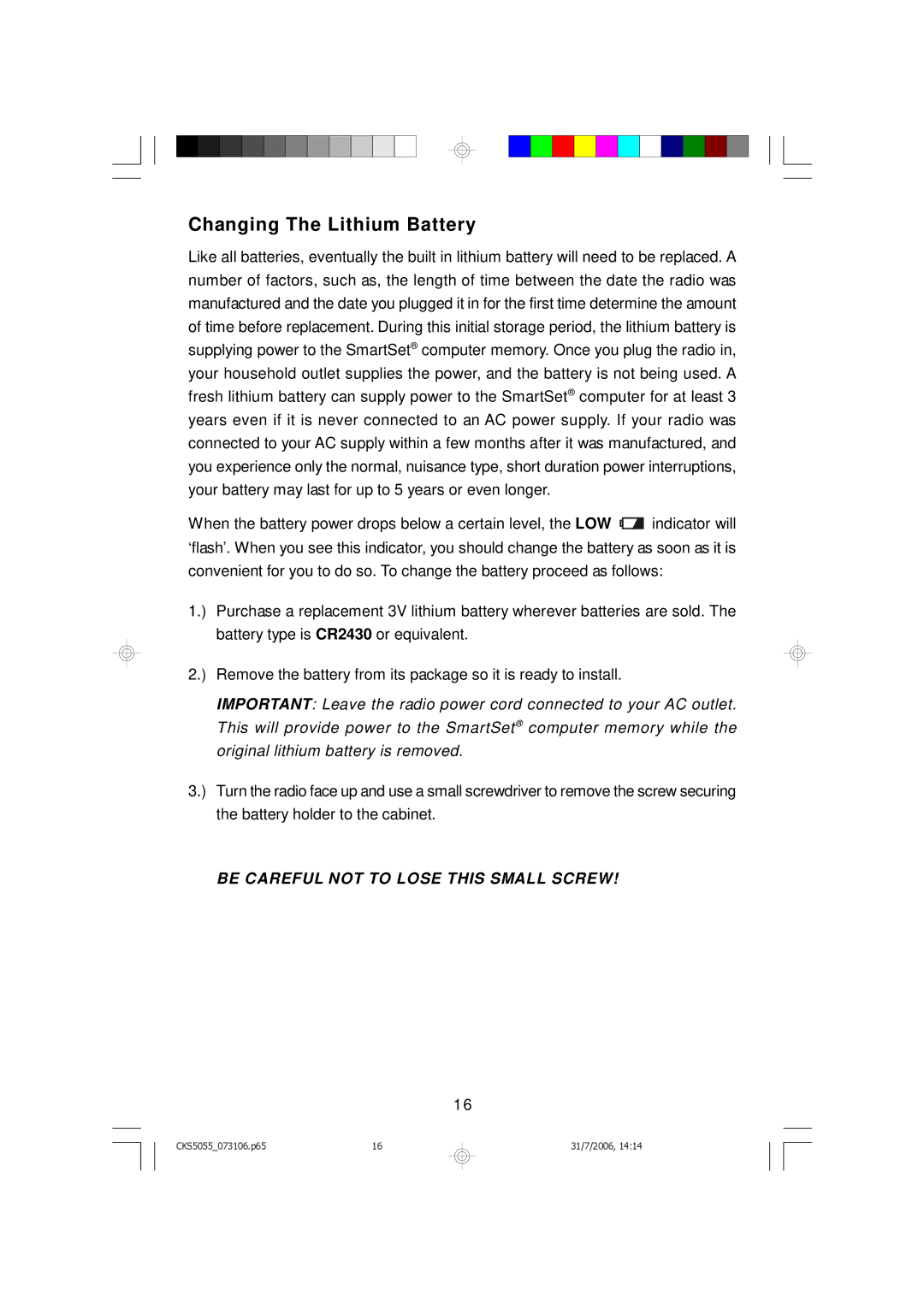 Emerson CKS5055B, CKS5055S owner manual Changing The Lithium Battery, Be Careful not to Lose this Small Screw 