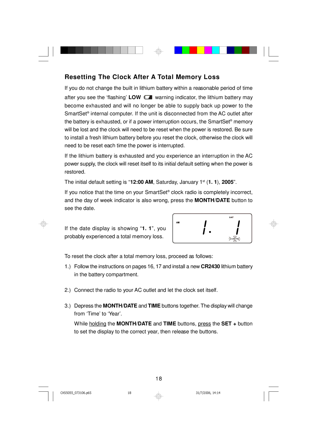 Emerson CKS5055B, CKS5055S owner manual Resetting The Clock After a Total Memory Loss 