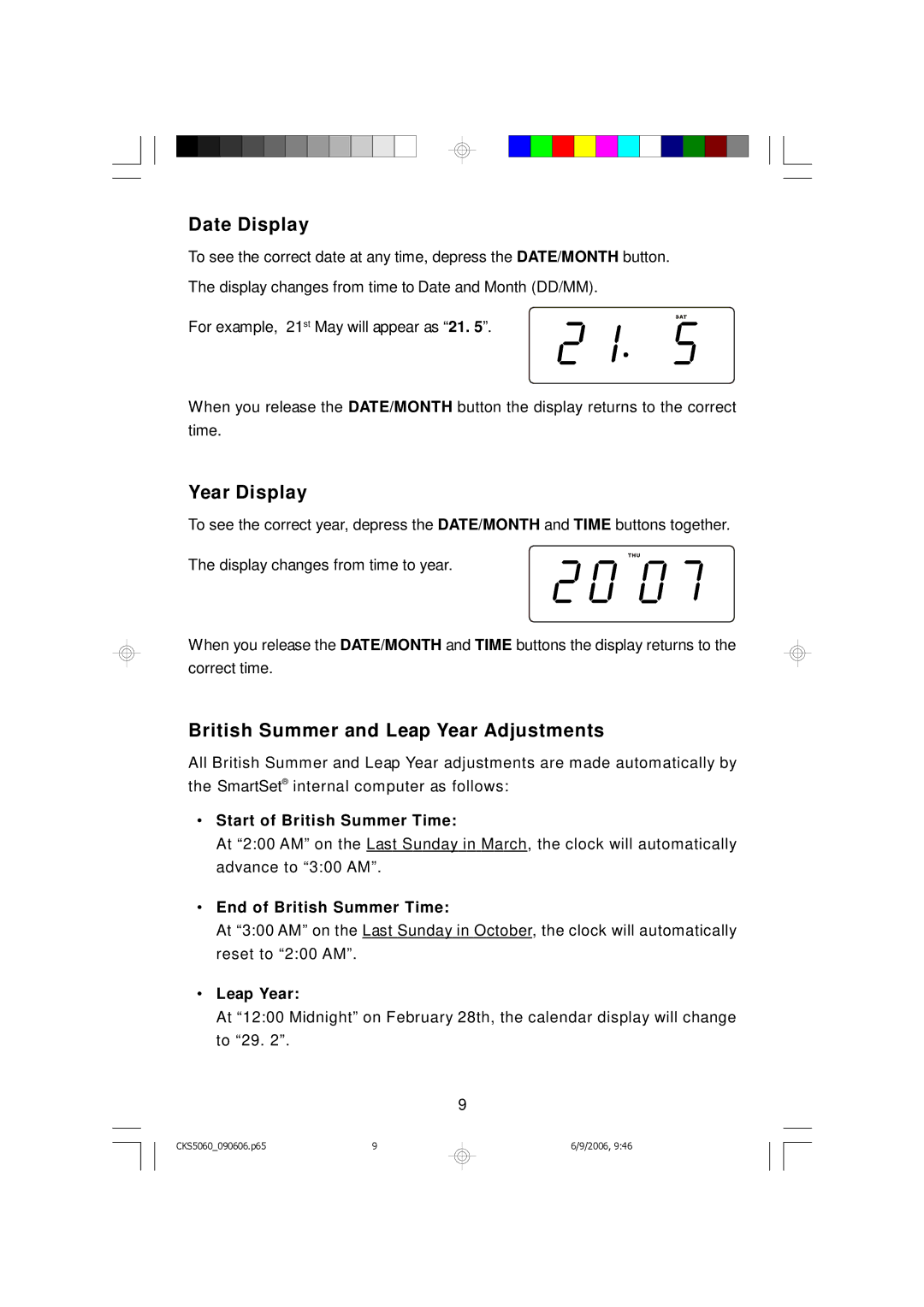 Emerson CKS5060B, CKS5060S owner manual Date Display, Year Display, British Summer and Leap Year Adjustments 