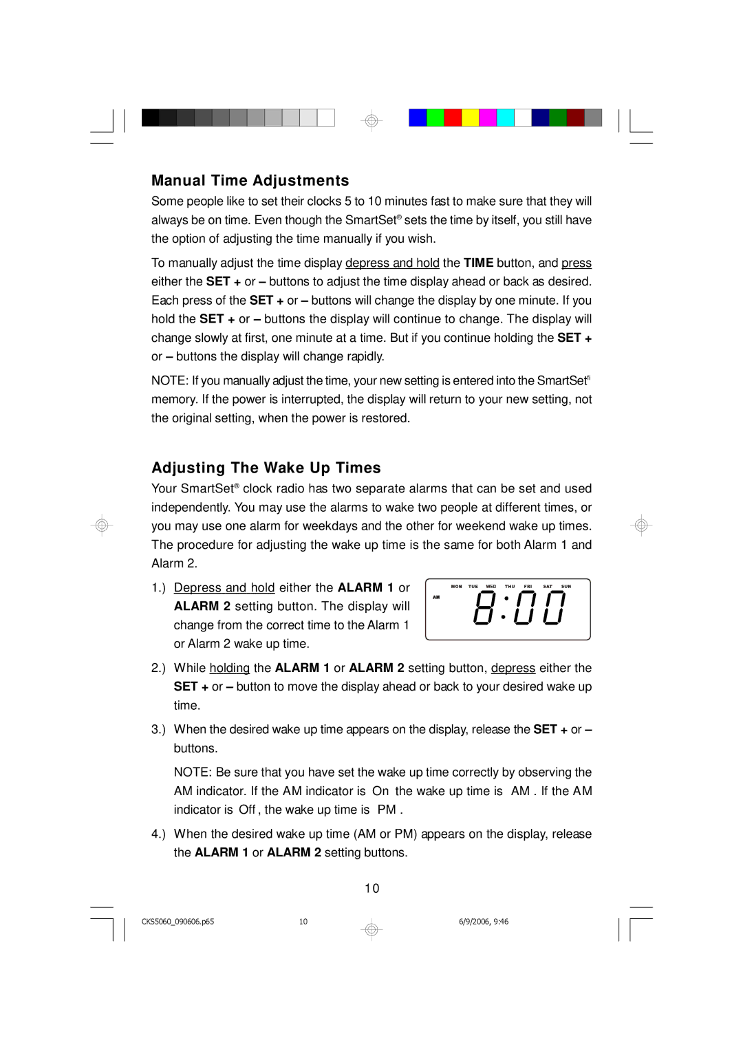 Emerson CKS5060S, CKS5060B owner manual Manual Time Adjustments, Adjusting The Wake Up Times 