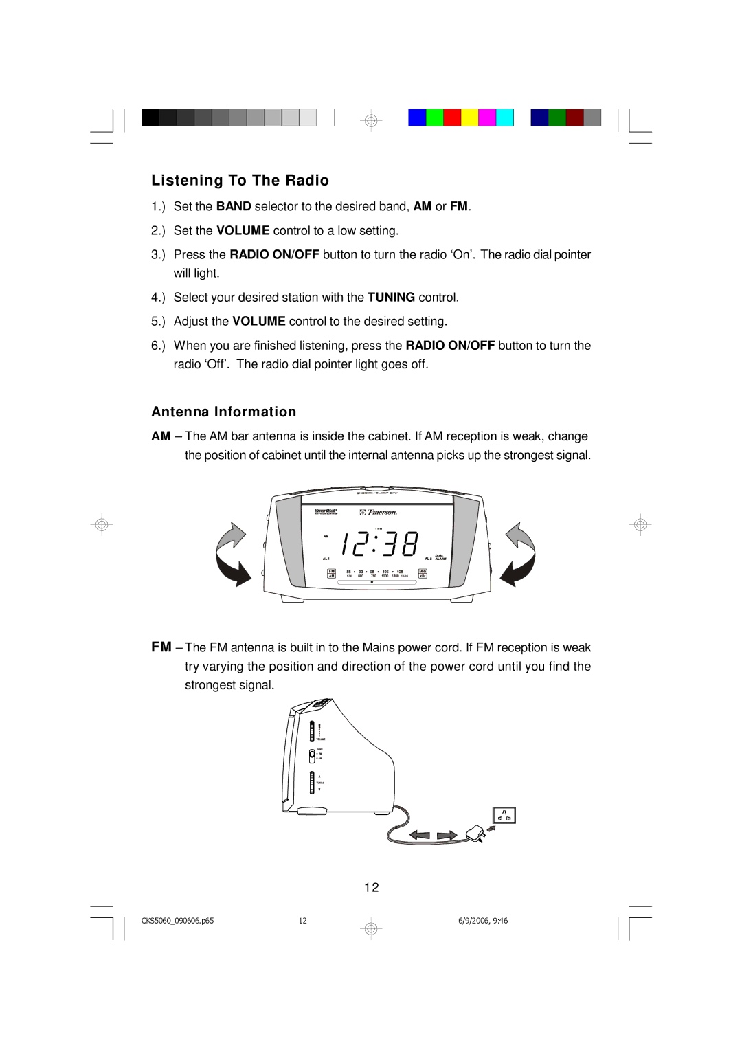 Emerson CKS5060S, CKS5060B owner manual Listening To The Radio, Antenna Information 