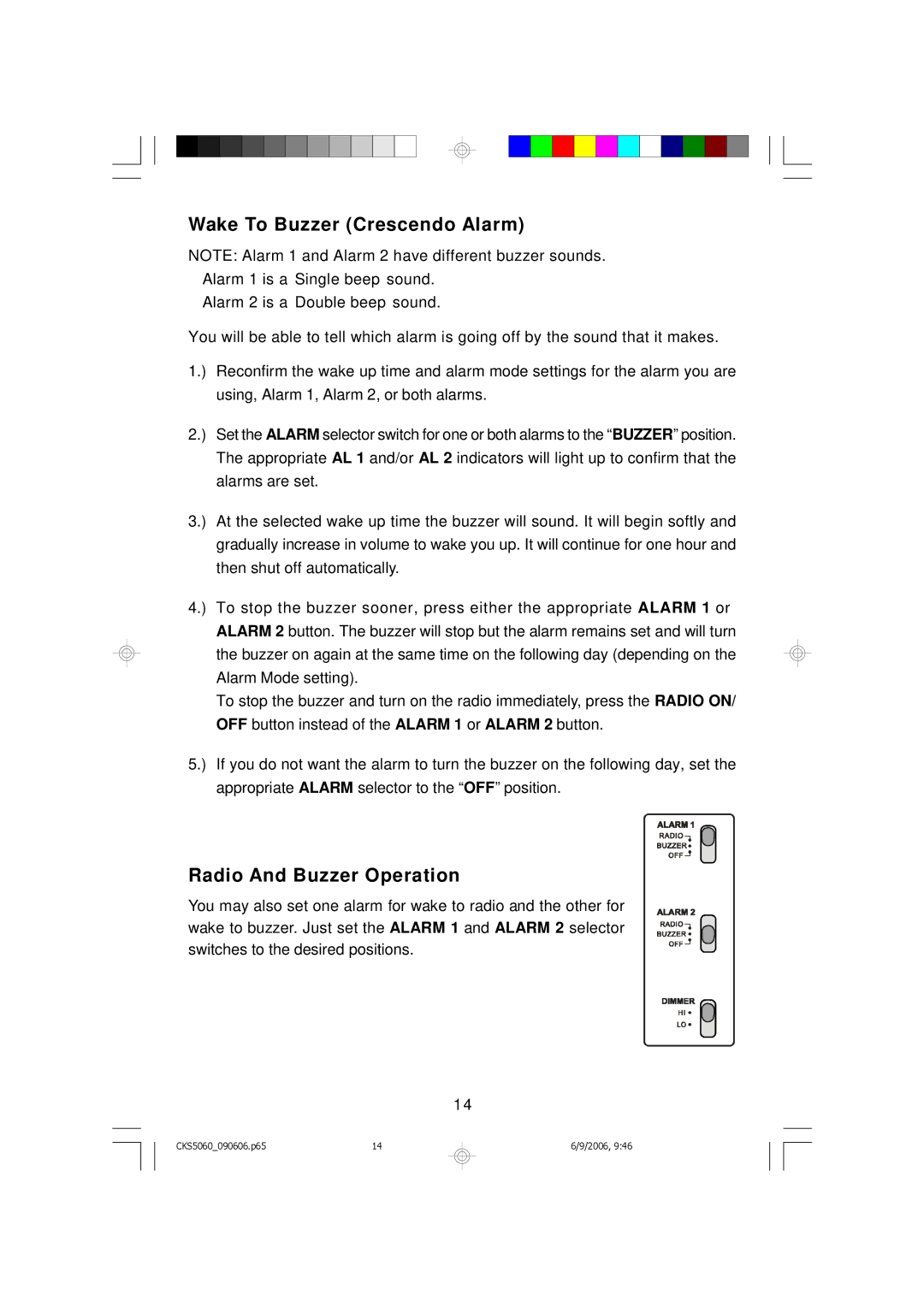 Emerson CKS5060S, CKS5060B owner manual Wake To Buzzer Crescendo Alarm, Radio And Buzzer Operation 