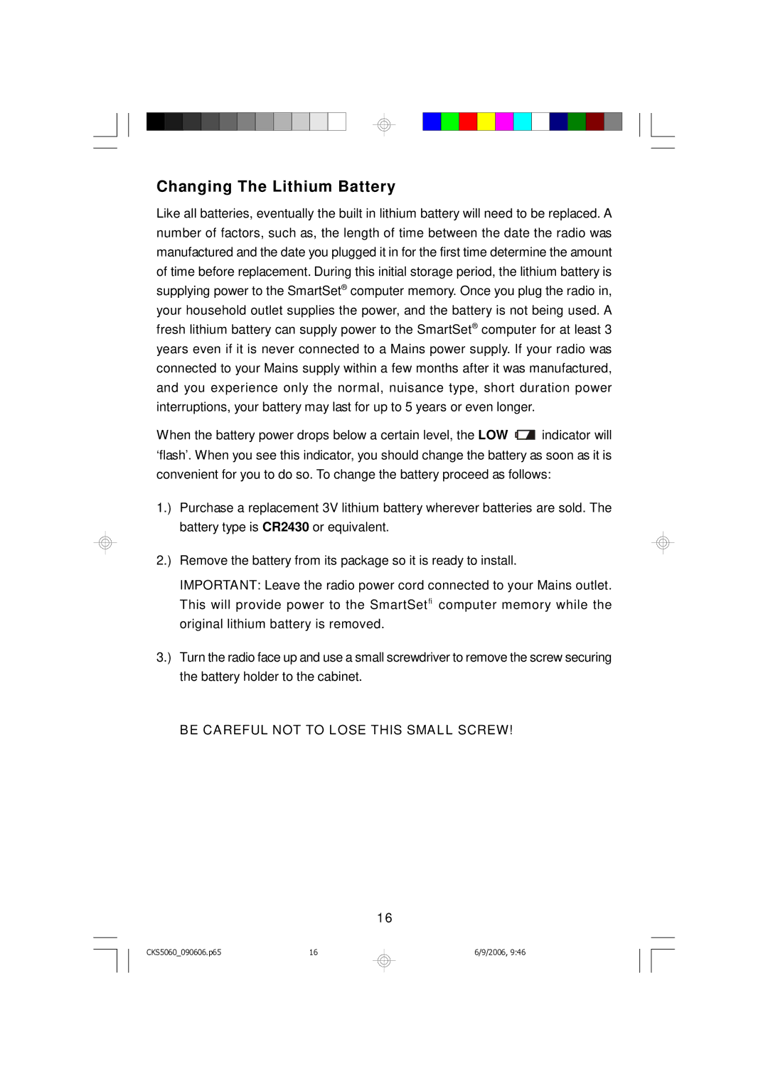 Emerson CKS5060S, CKS5060B owner manual Changing The Lithium Battery, Be Careful not to Lose this Small Screw 