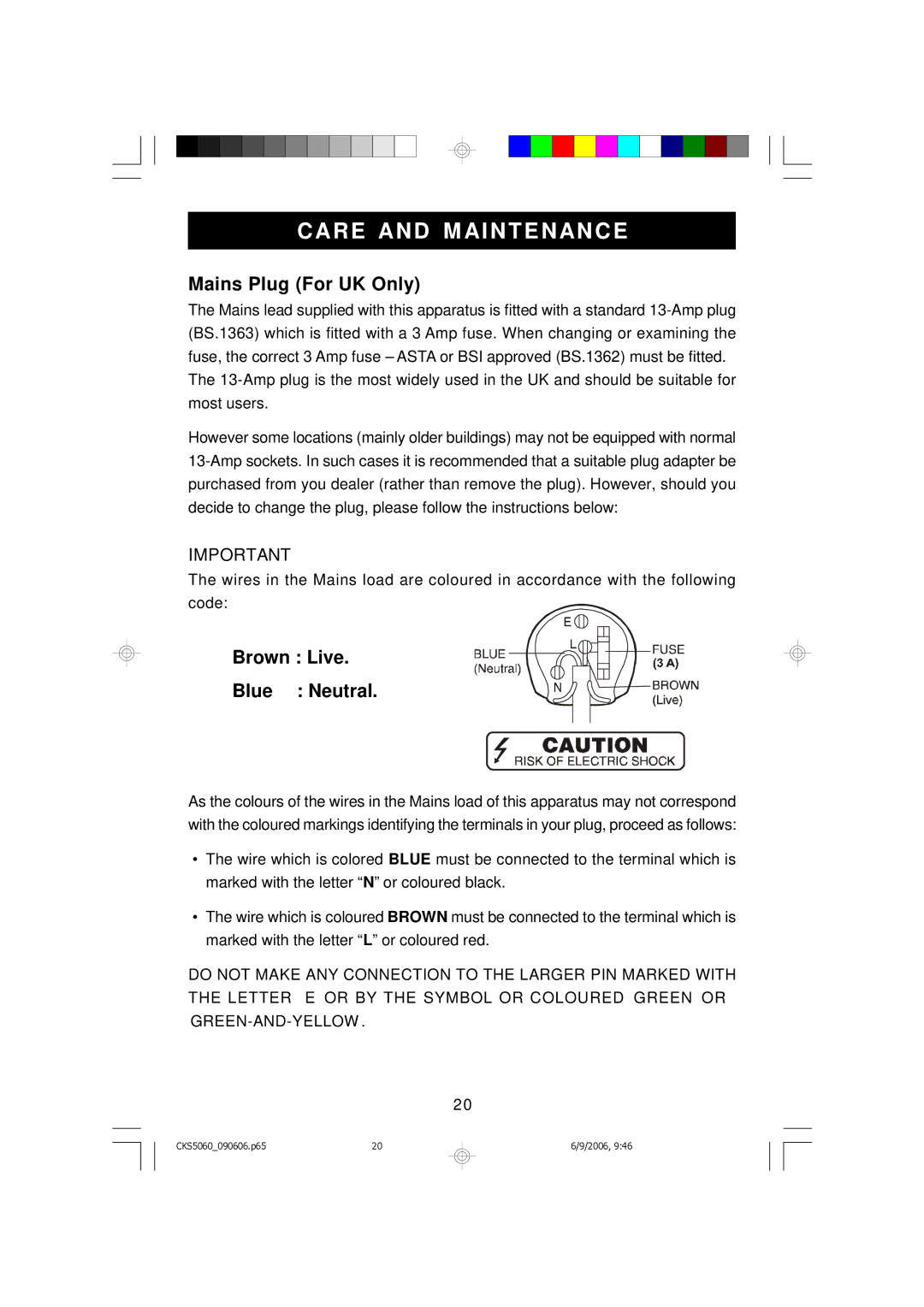 Emerson CKS5060S, CKS5060B owner manual Care and M Aintenance, Mains Plug For UK Only, Brown Live Blue Neutral 