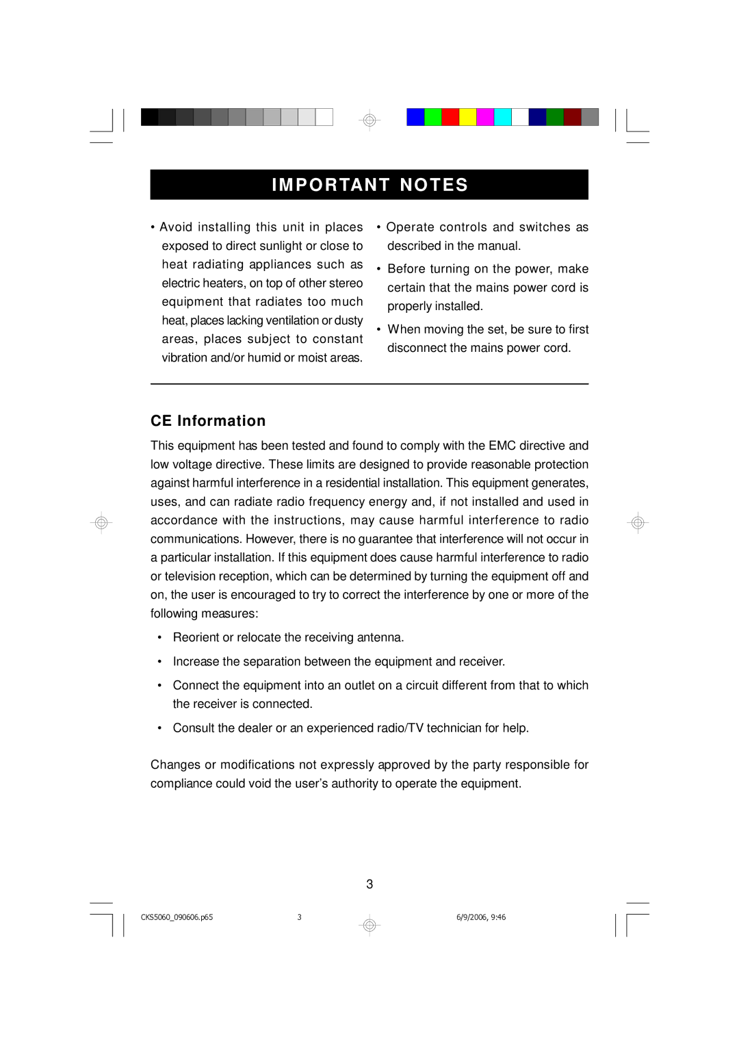 Emerson CKS5060B, CKS5060S owner manual IM Portant Notes, CE Information 