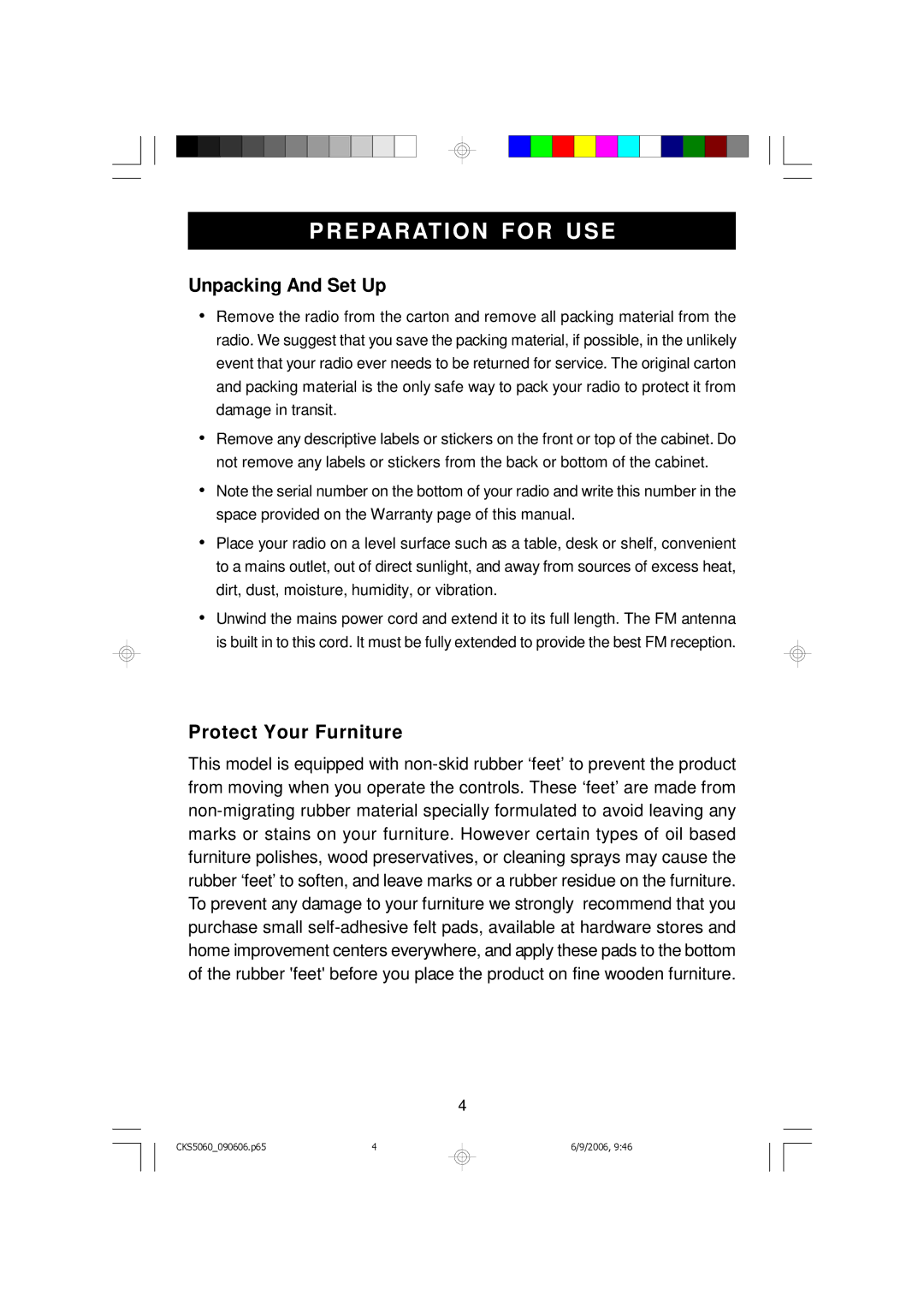 Emerson CKS5060S, CKS5060B owner manual Preparation for USE, Unpacking And Set Up, Protect Your Furniture 