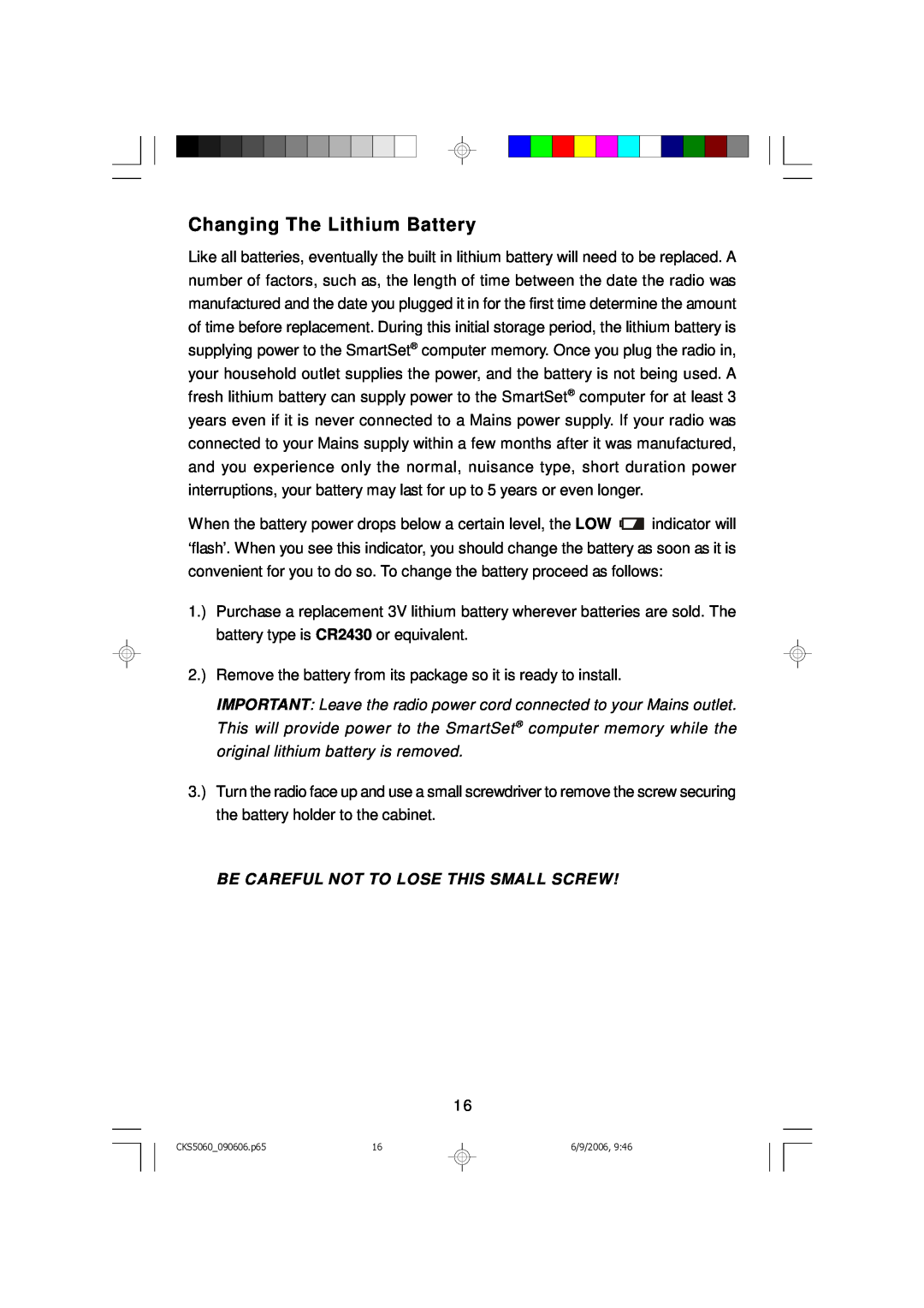 Emerson CKS5060S, CKS5060B owner manual Changing The Lithium Battery, Be Careful Not To Lose This Small Screw 