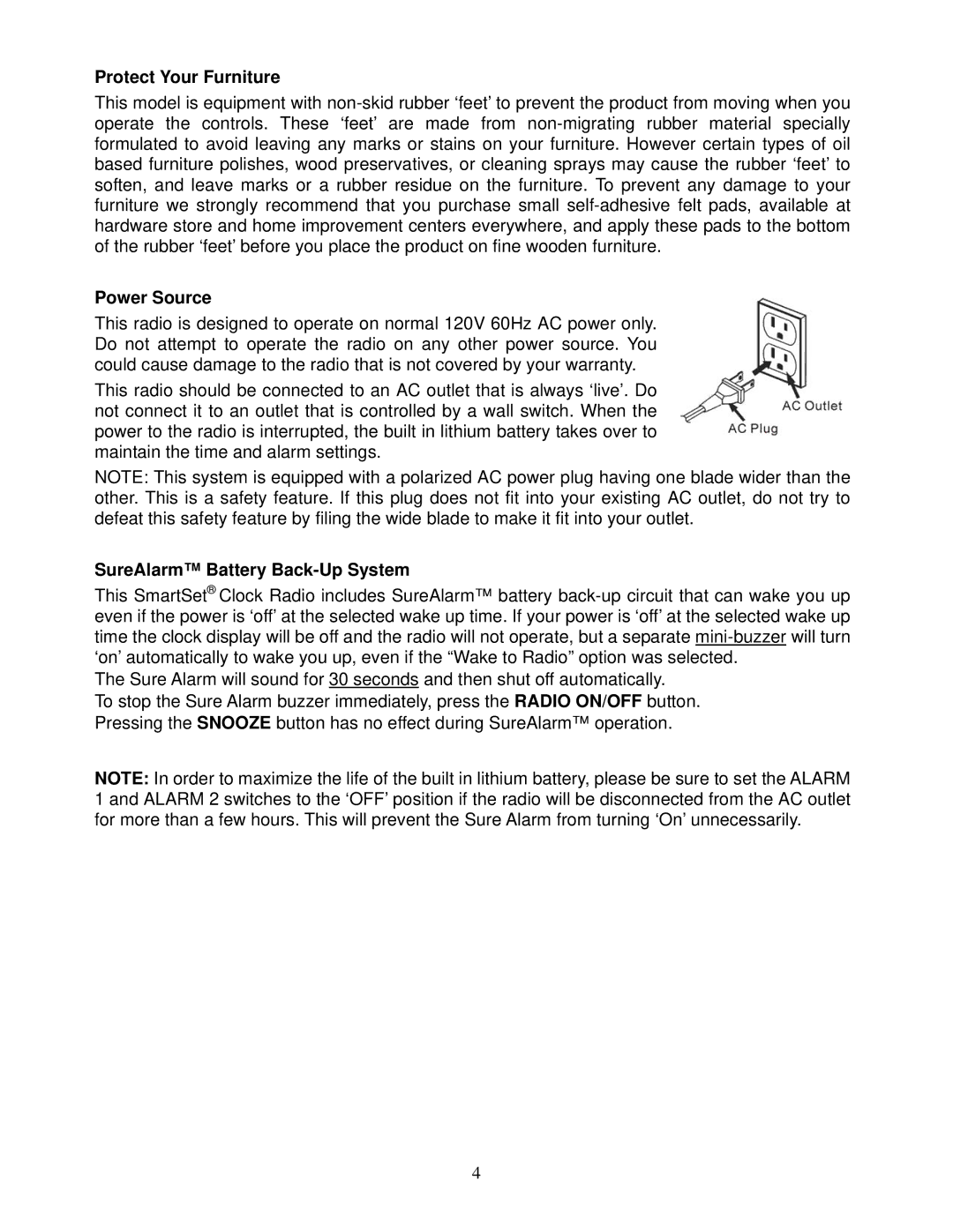 Emerson CKS9005BK owner manual Protect Your Furniture, Power Source, SureAlarm Battery Back-Up System 