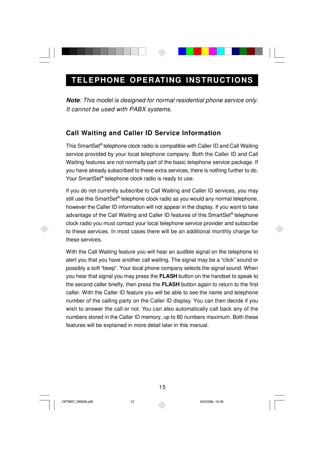 Emerson CKT9087 owner manual Telephone Operating Instructions, Call Waiting and Caller ID Service Information 