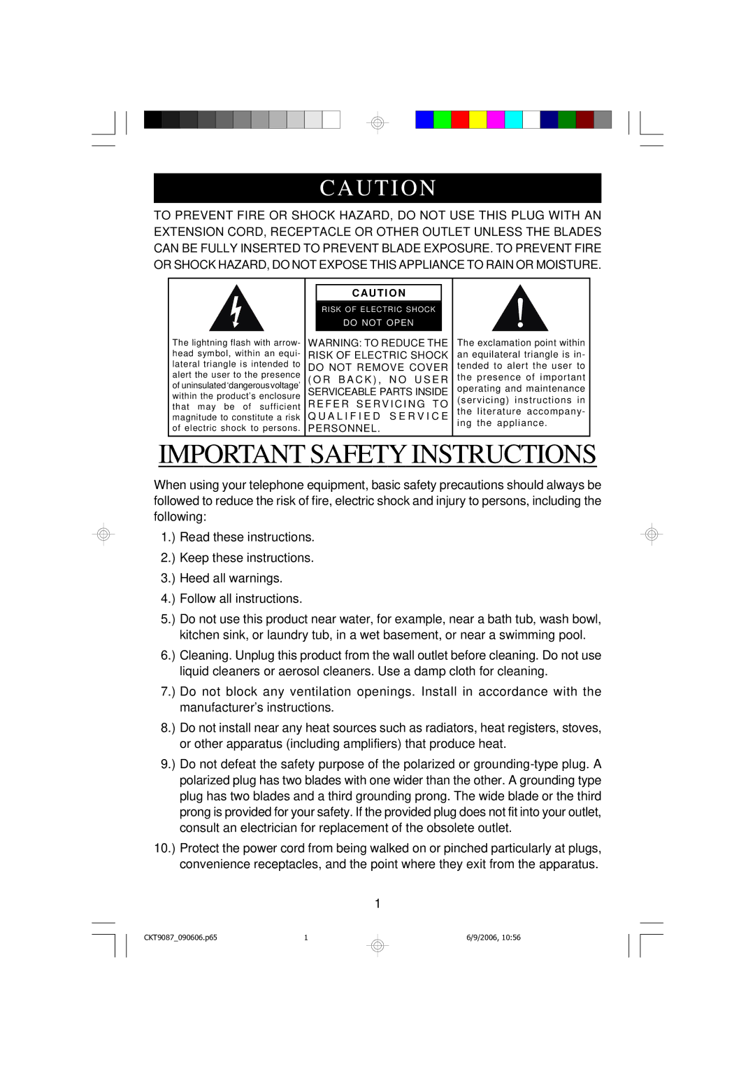 Emerson CKT9087 owner manual Important Safety Instructions 