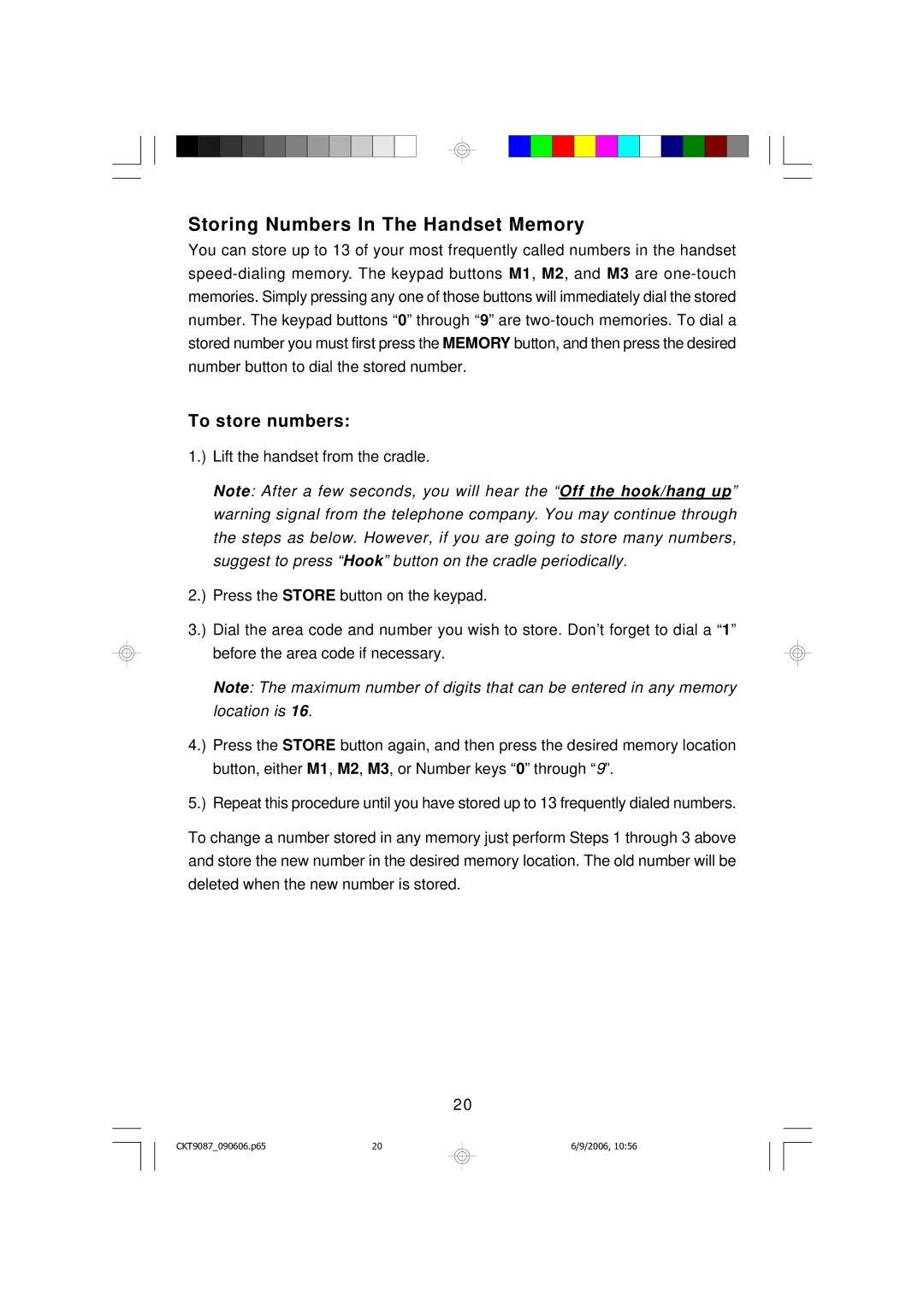 Emerson CKT9087 owner manual Storing Numbers In The Handset Memory, To store numbers 