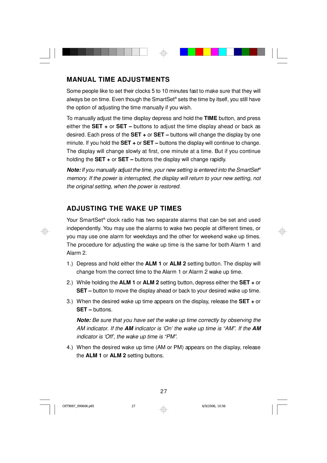 Emerson CKT9087 owner manual Manual Time Adjustments, Adjusting the Wake UP Times 