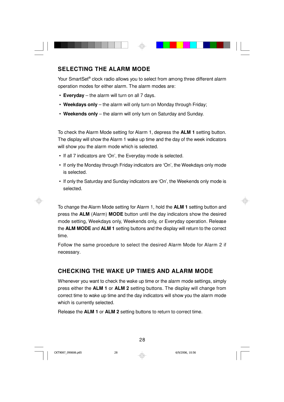 Emerson CKT9087 owner manual Selecting the Alarm Mode, Checking the Wake UP Times and Alarm Mode 