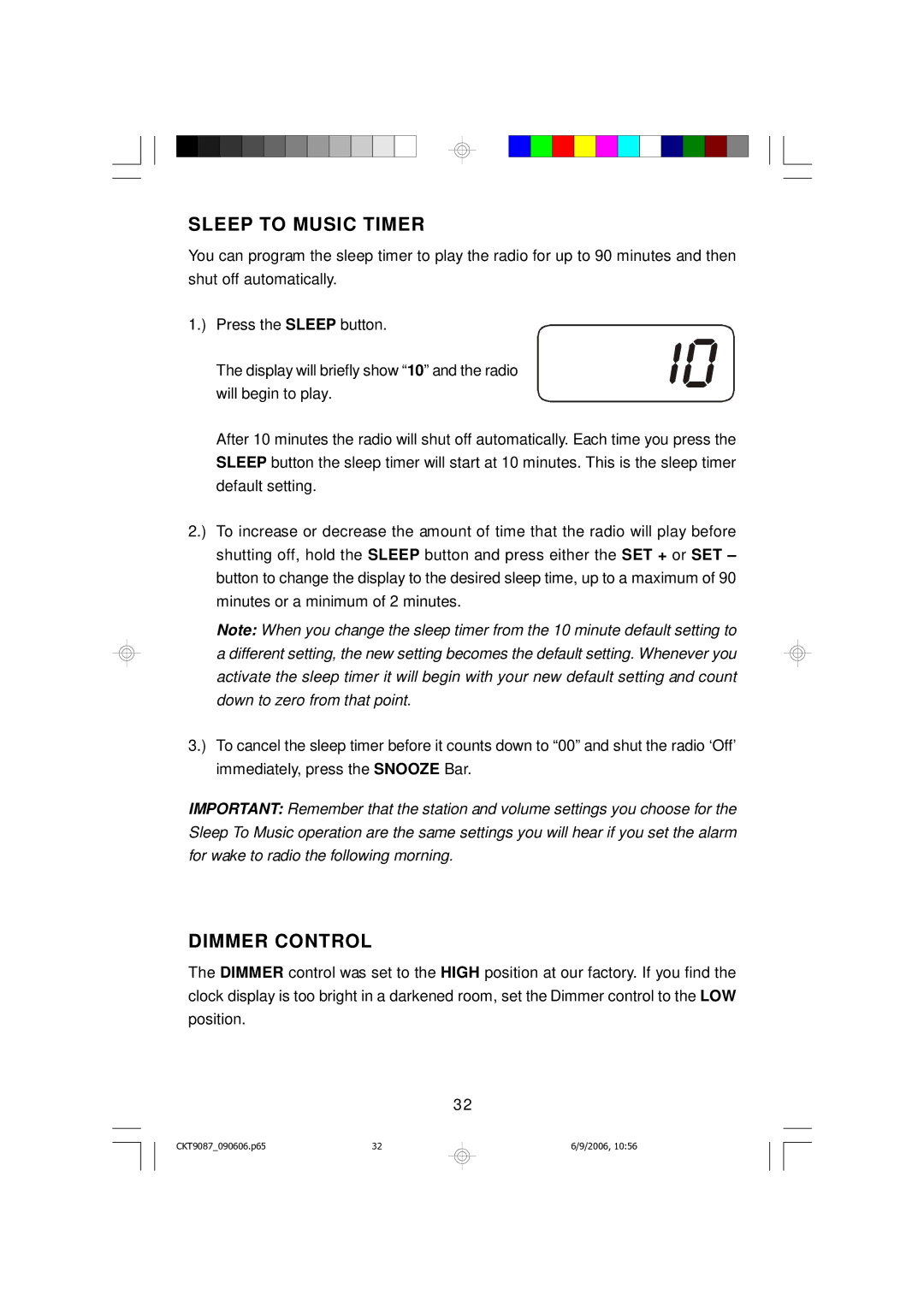 Emerson CKT9087 owner manual Sleep to Music Timer, Dimmer Control 