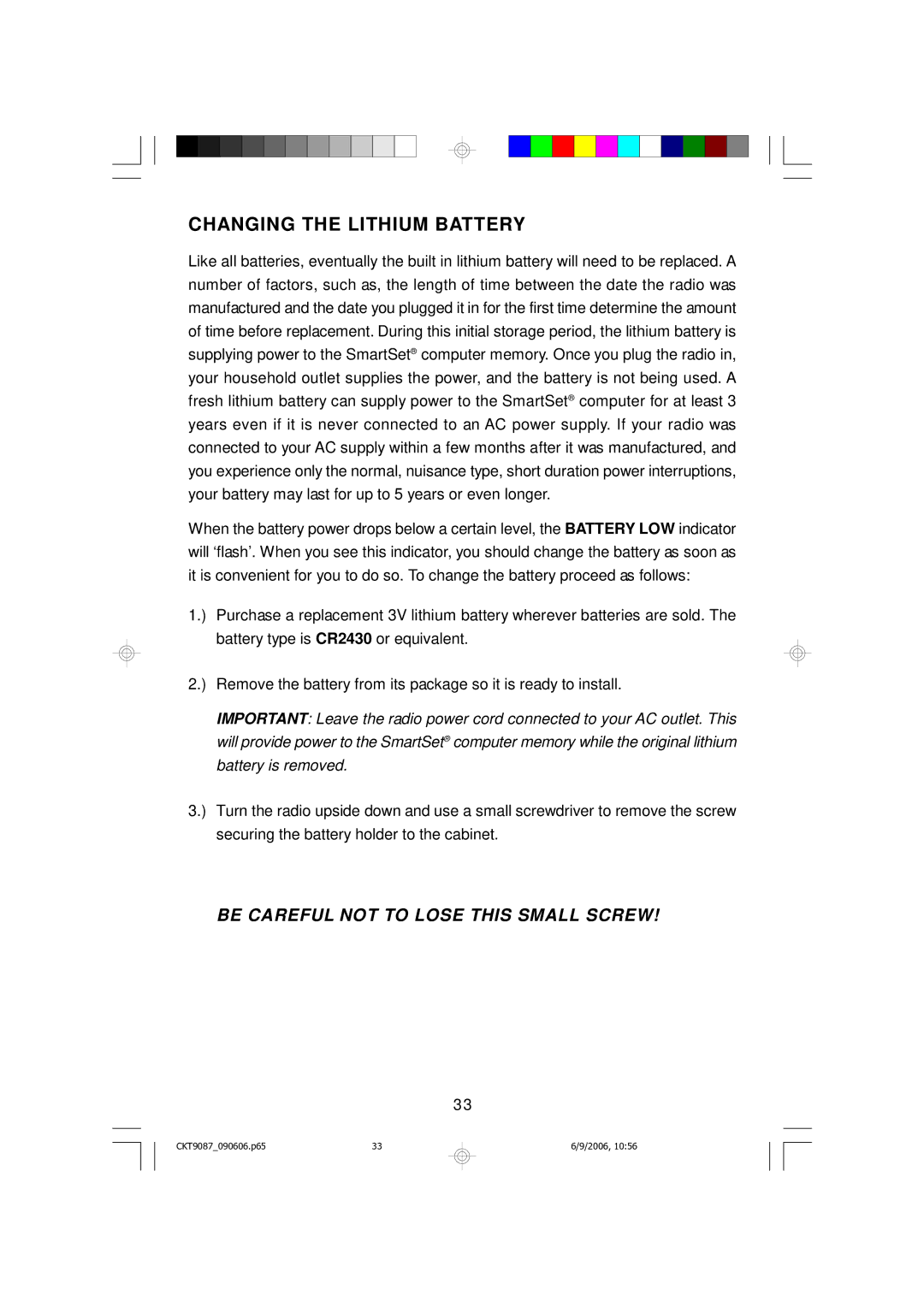 Emerson CKT9087 owner manual Changing the Lithium Battery, Be Careful not to Lose this Small Screw 