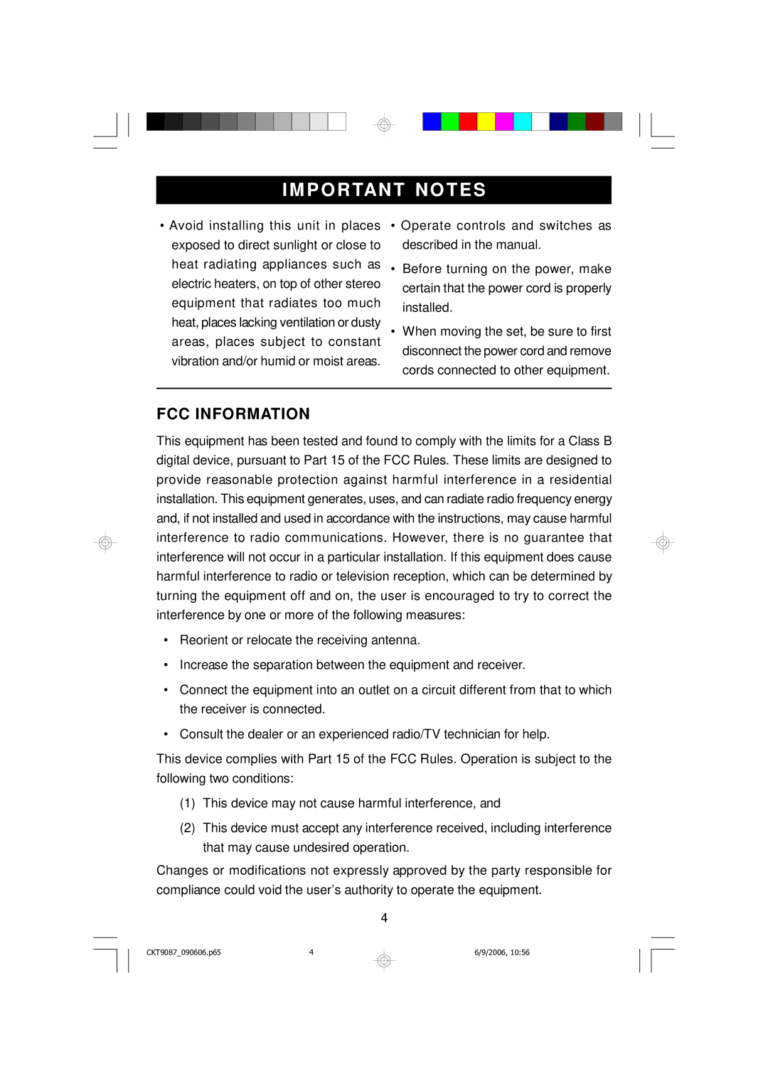 Emerson CKT9087 owner manual IM Portant Notes, FCC Information 