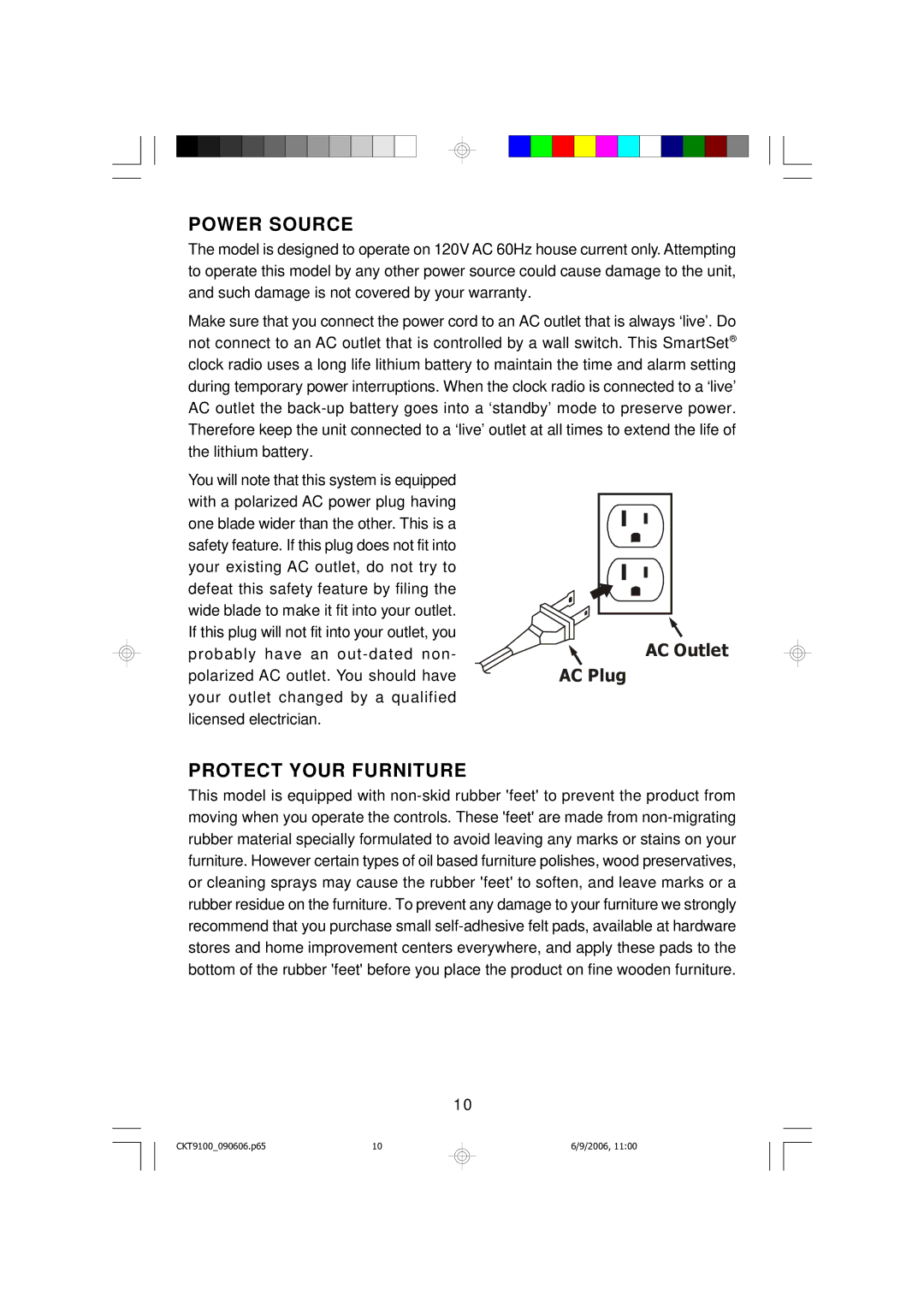 Emerson CKT9100 owner manual Power Source, Protect Your Furniture 