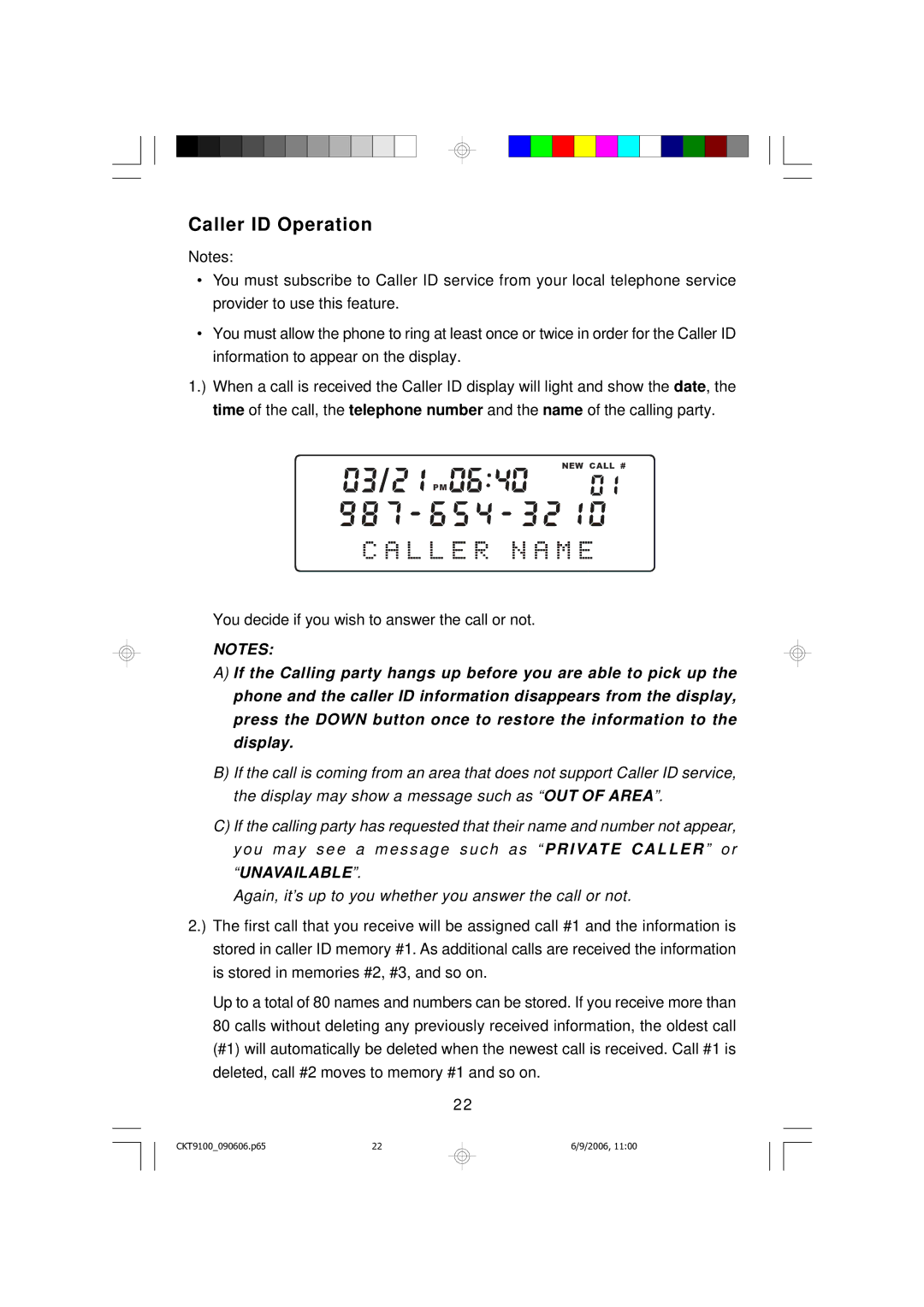 Emerson CKT9100 owner manual Caller ID Operation 