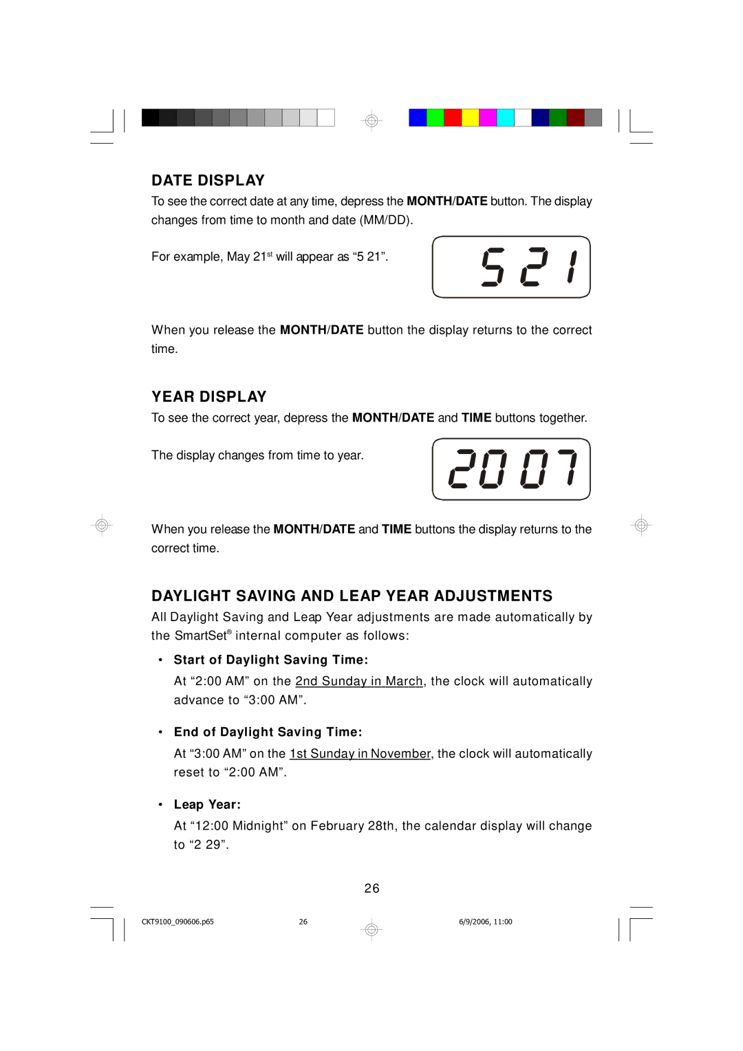 Emerson CKT9100 owner manual Date Display, Year Display, Daylight Saving and Leap Year Adjustments 