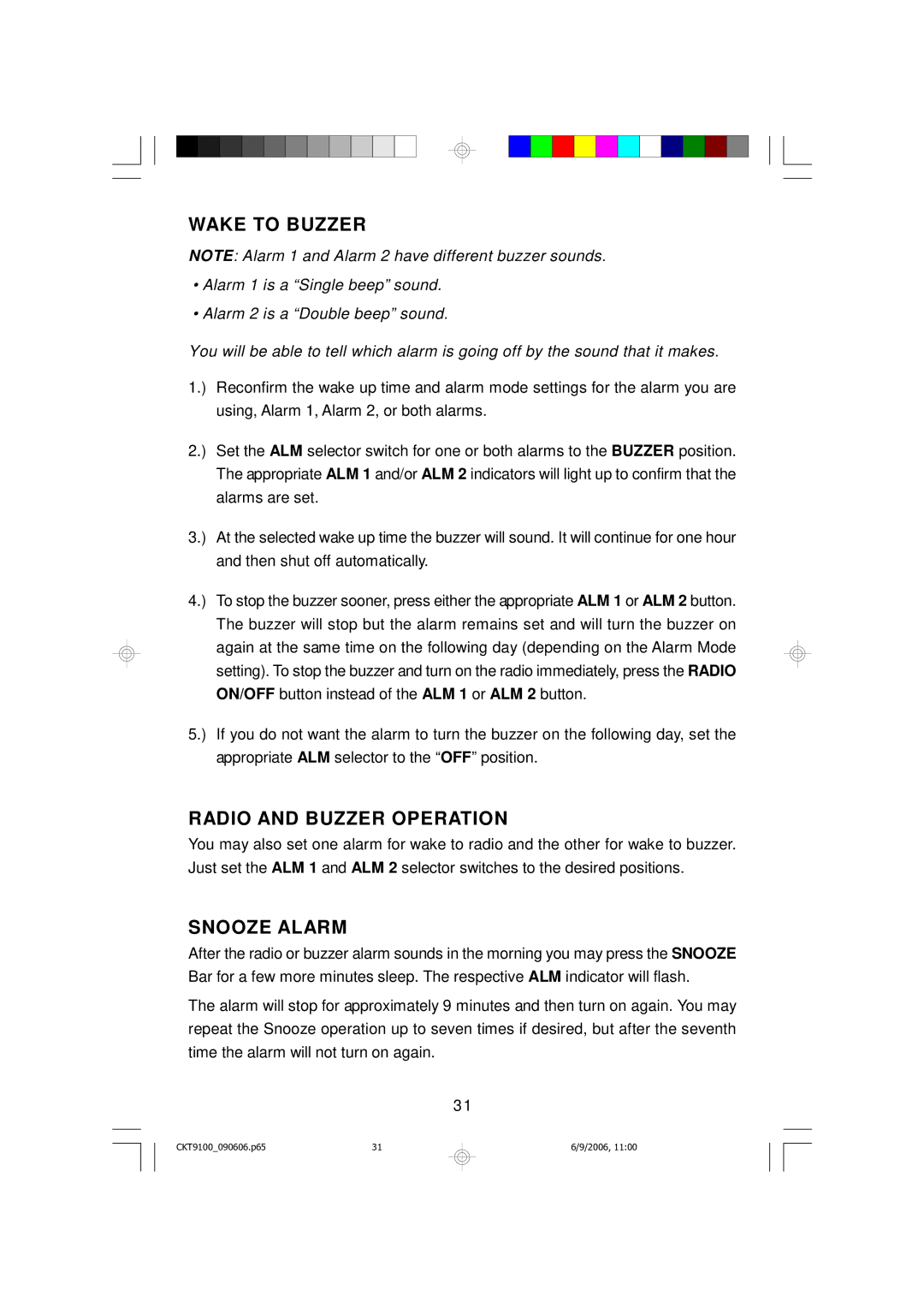 Emerson CKT9100 owner manual Wake to Buzzer, Radio and Buzzer Operation, Snooze Alarm 