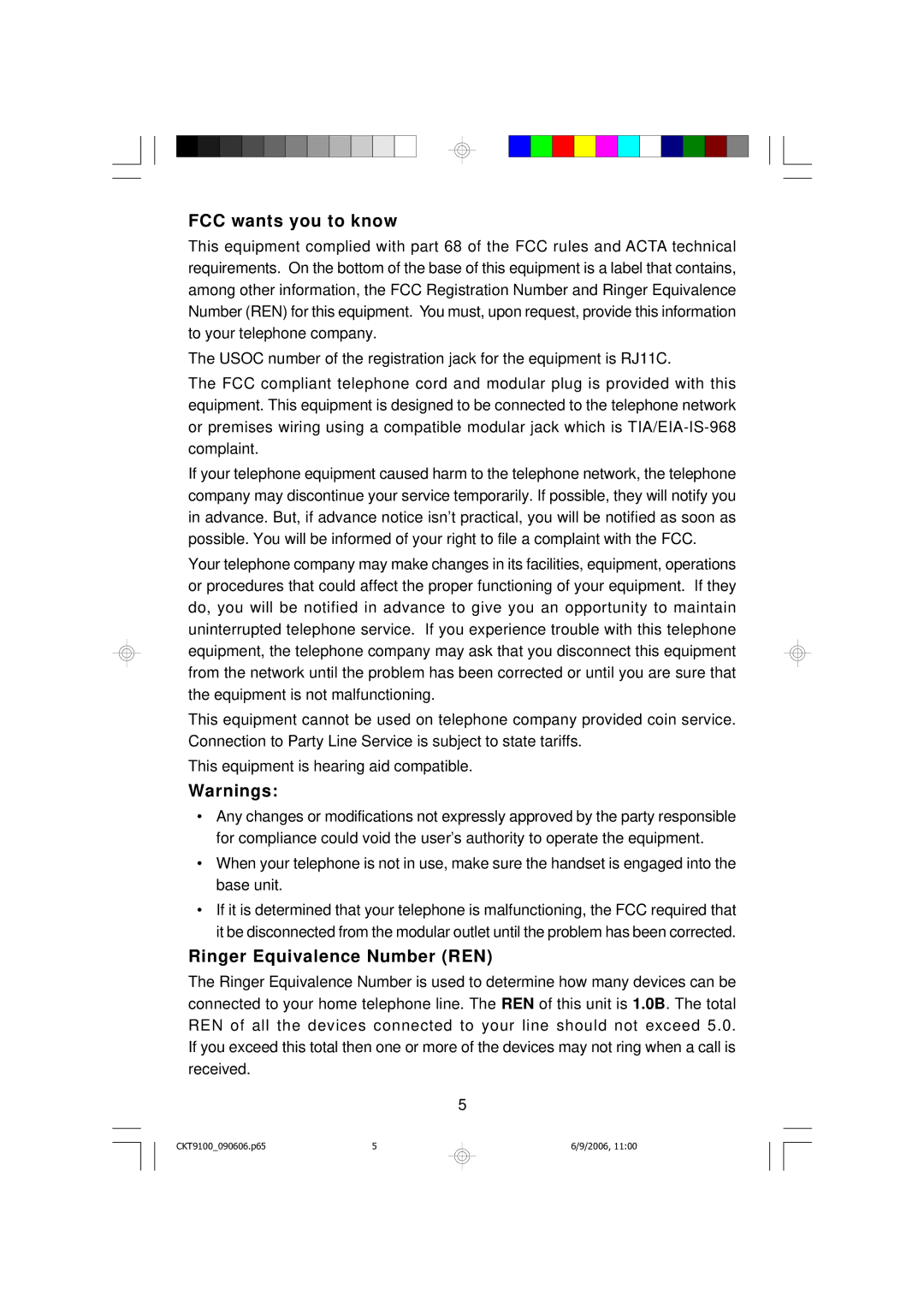 Emerson CKT9100 owner manual FCC wants you to know, Ringer Equivalence Number REN 