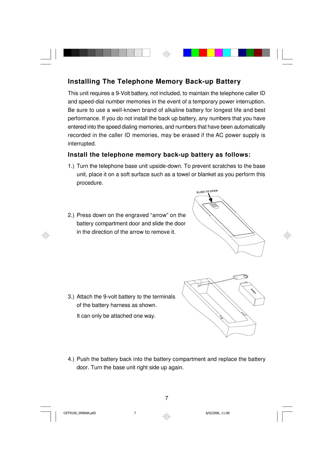 Emerson CKT9100 Installing The Telephone Memory Back-up Battery, Install the telephone memory back-up battery as follows 