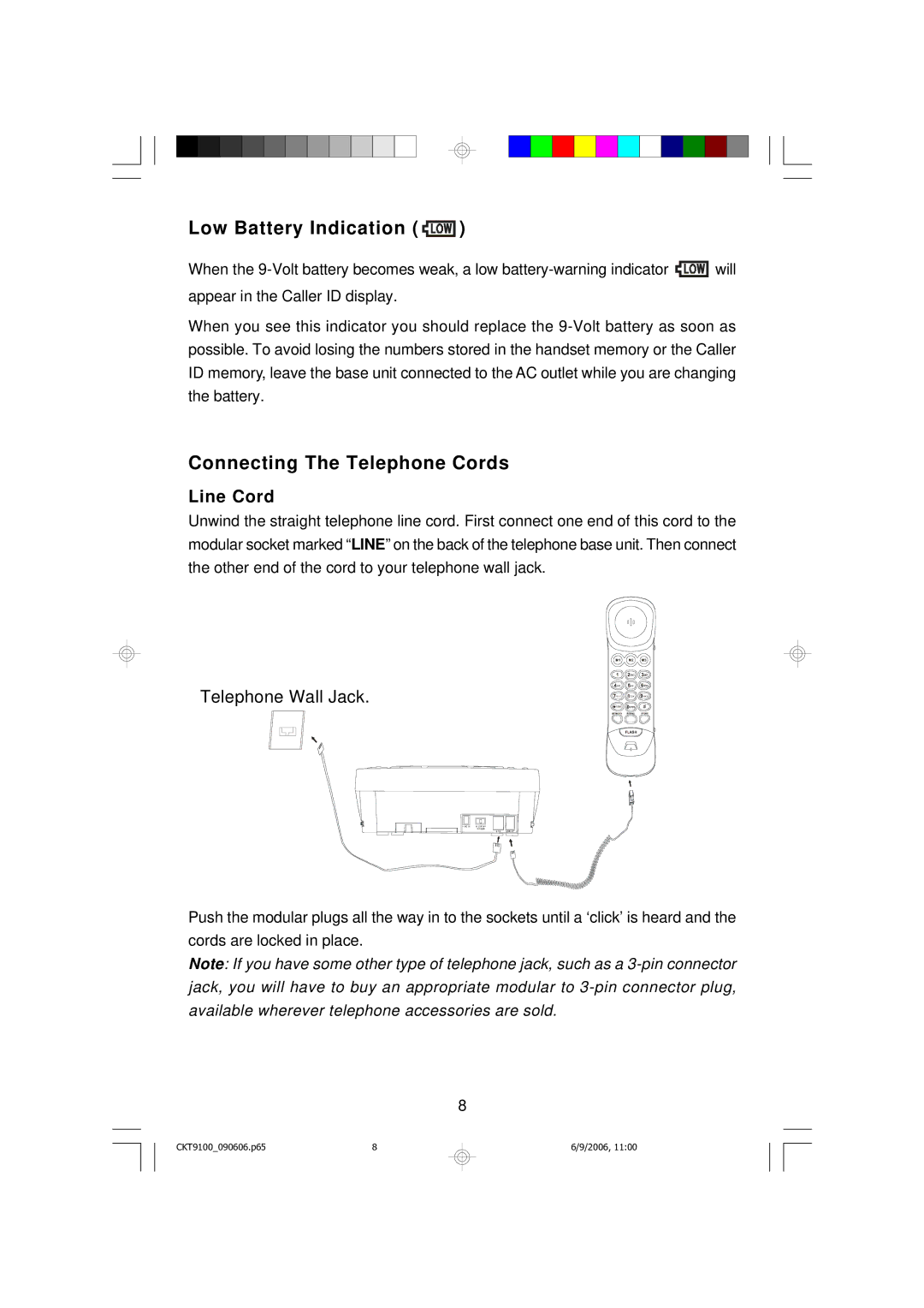 Emerson CKT9100 owner manual Low Battery Indication, Connecting The Telephone Cords, Line Cord 