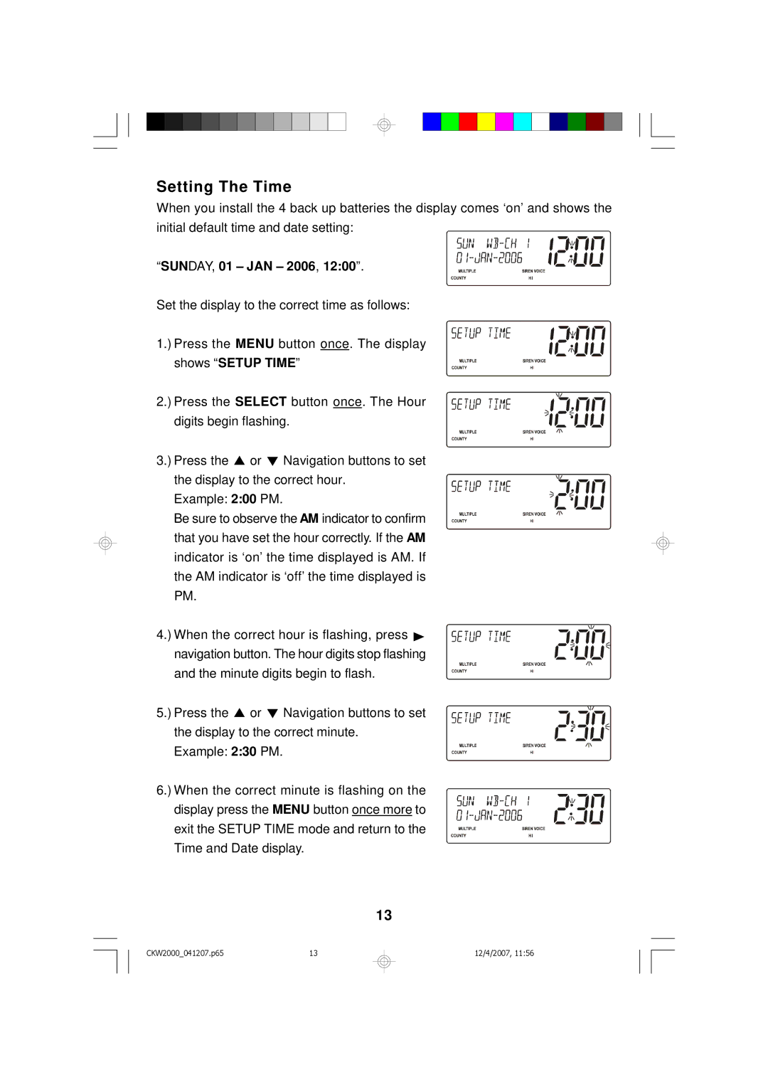 Emerson CKW2000 owner manual Setting The Time, SUNDAY, 01 JAN 2006 