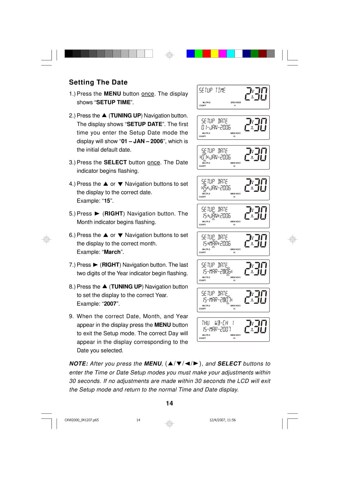 Emerson CKW2000 owner manual Setting The Date 