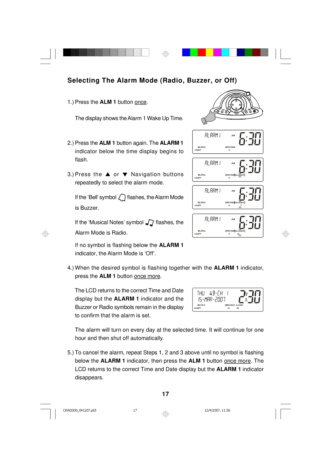 Emerson CKW2000 owner manual Selecting The Alarm Mode Radio, Buzzer, or Off 